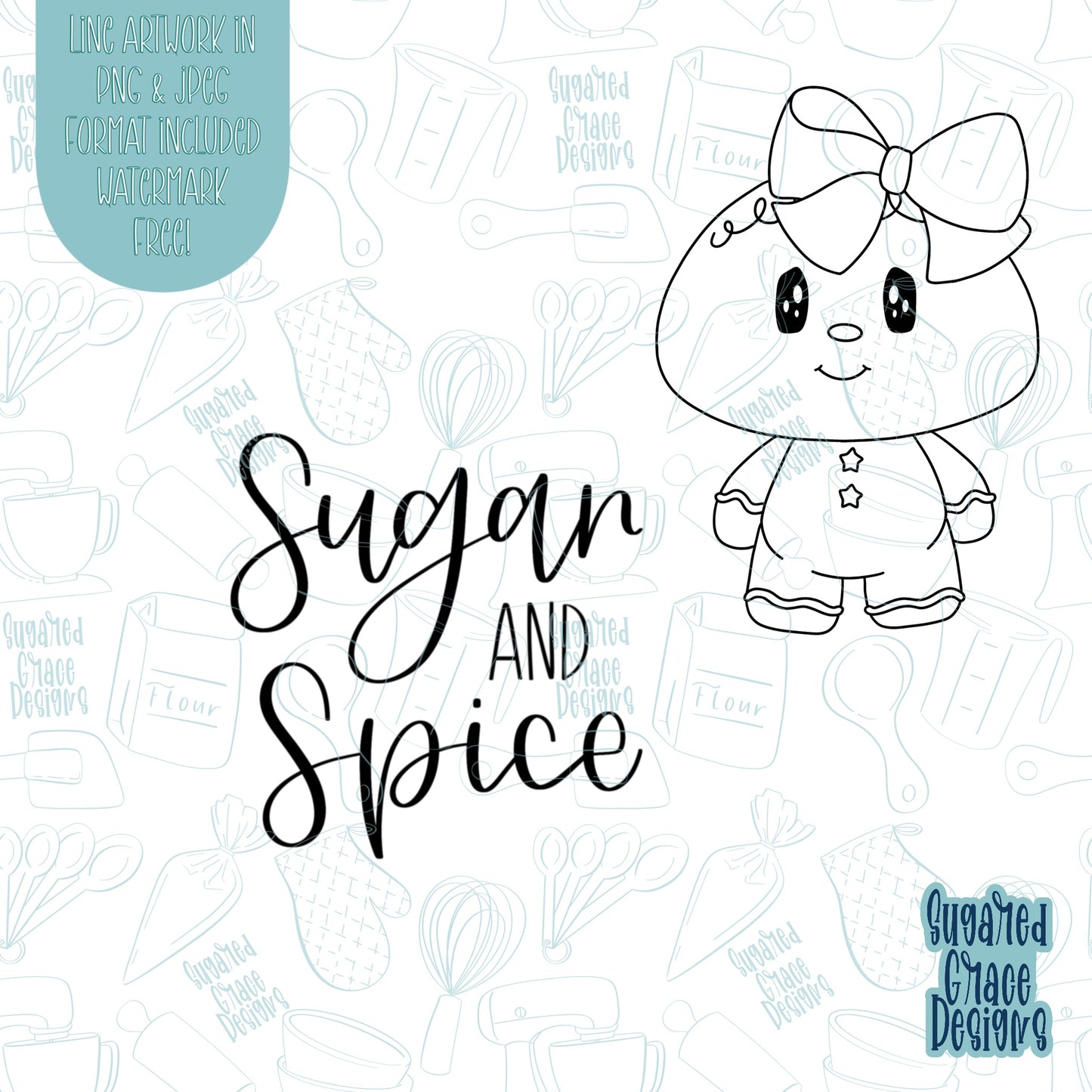 Sugar and spice gingerbread girl cookie cutter stl file set with png images for edible printers including Eddie