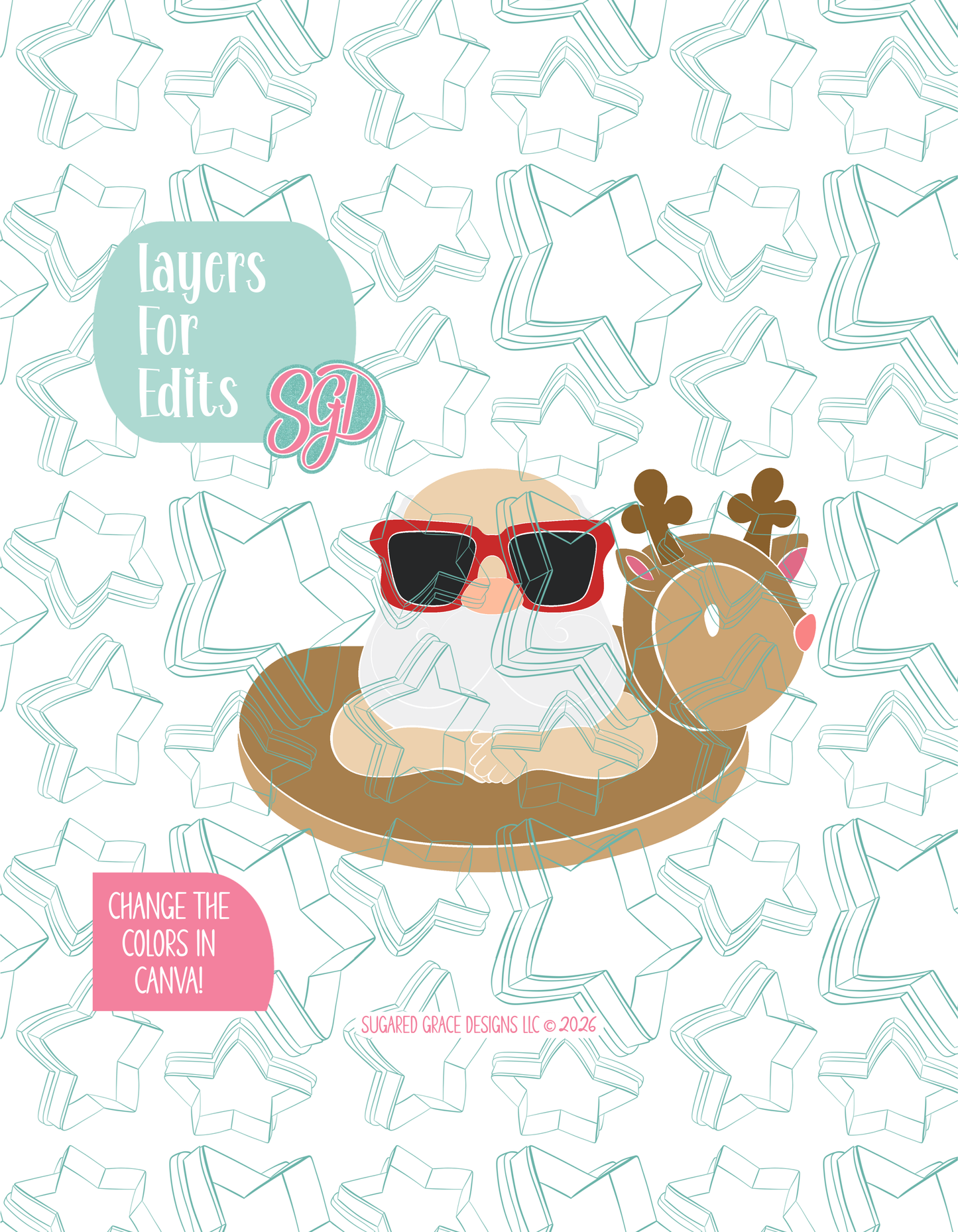 Colored layer breakdown of the Pool Santa showing each section in a different color, with every color representing a separate editable layer in Canva. Displayed on a background watermarked with Sugared Grace Designs’ teal star pattern