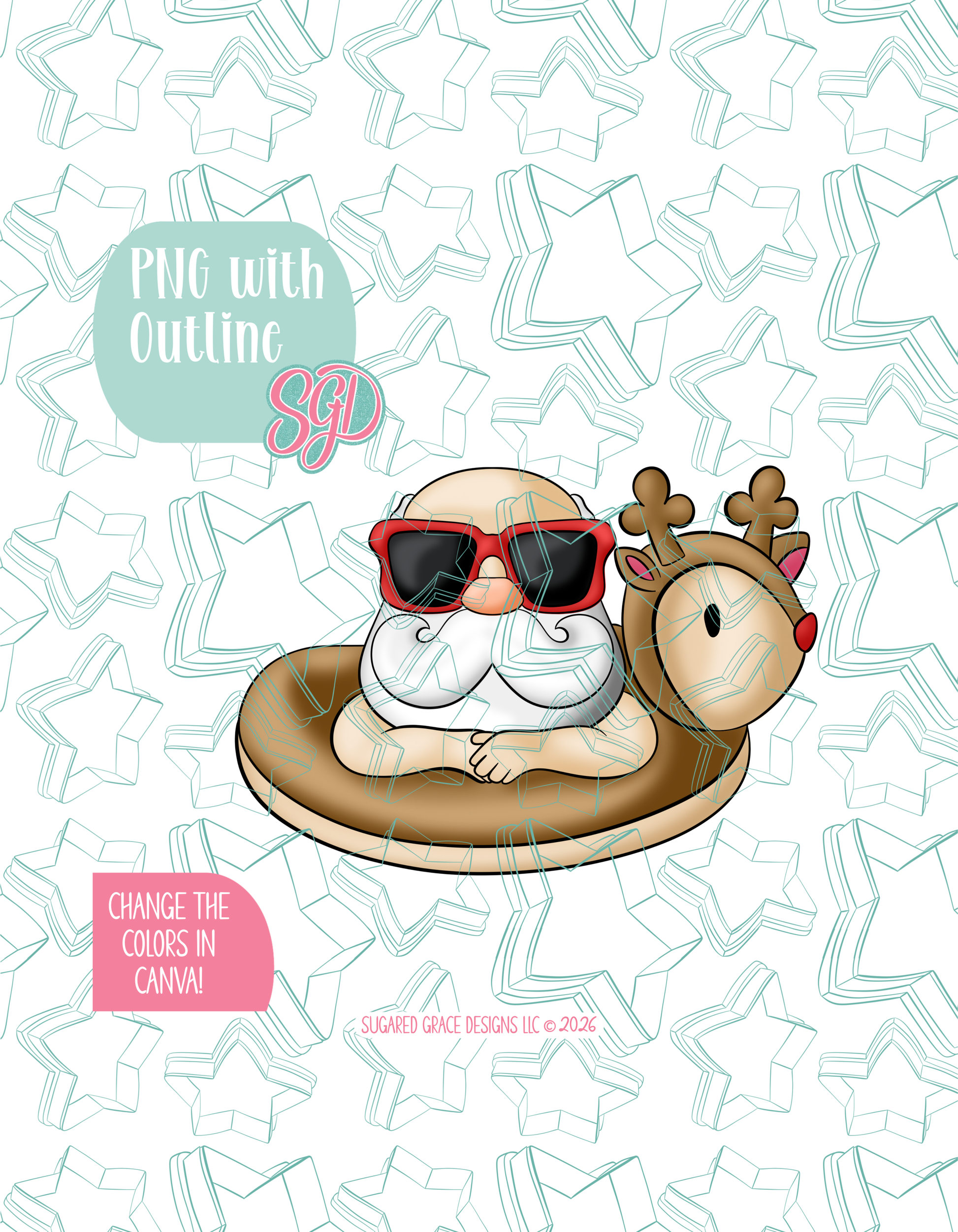 Full color illustrated Pool Santa, shown with a black outline on a background watermarked with Sugared Grace Designs’ teal star pattern