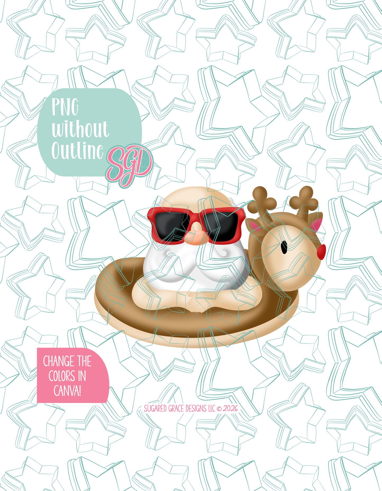 Full color version of the illustrated Pool Santa, shown without black outlines on a background watermarked with Sugared Grace Designs’ tag star pattern