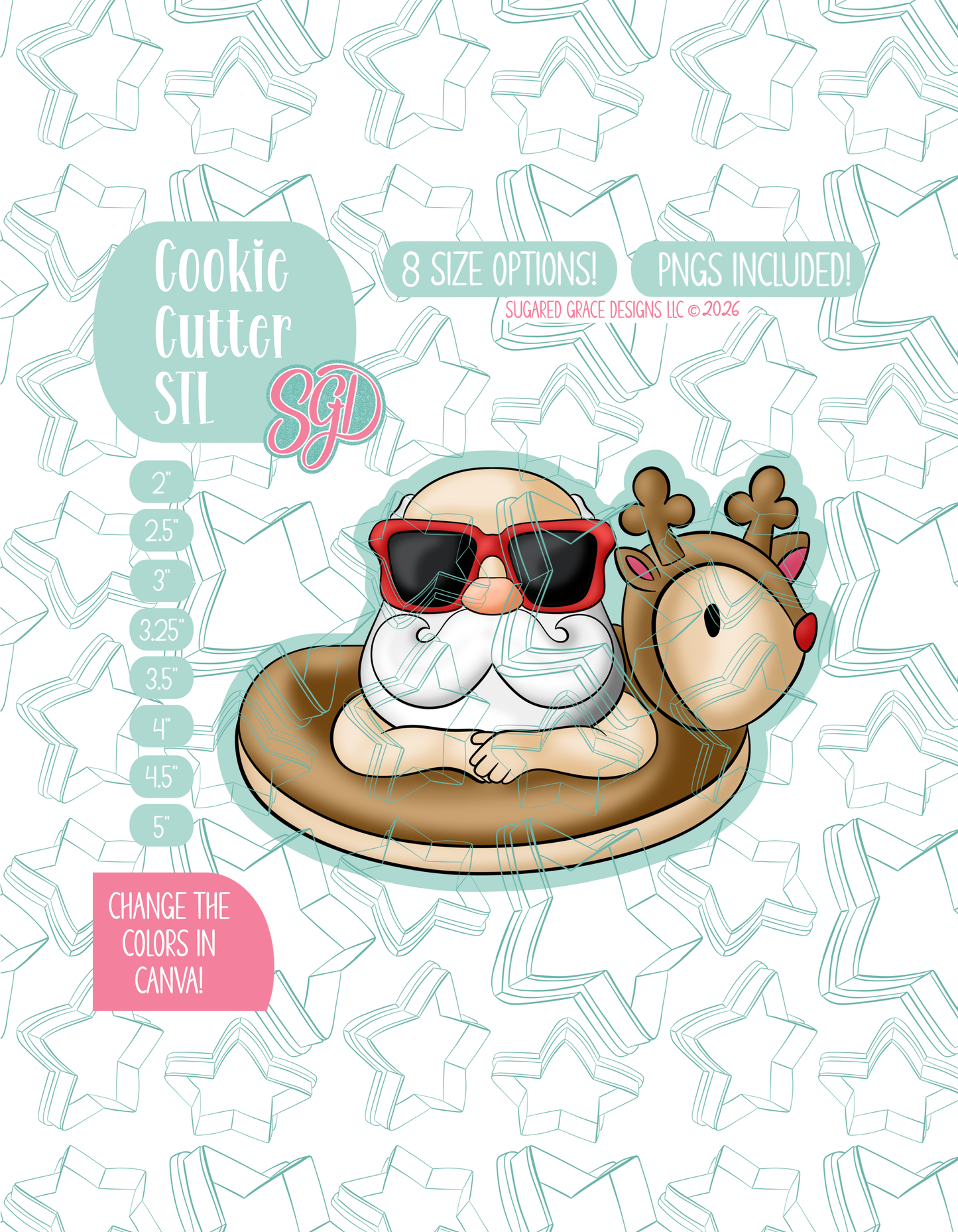 Illustrated Santa floating on a reindeer pool donut, displayed on a background watermarked with a teal star pattern representing Sugared Grace Design’s brand. Text explains that the listing includes a Pool Santa STL cookie cutter in multiple sizes plus editable PNG files.