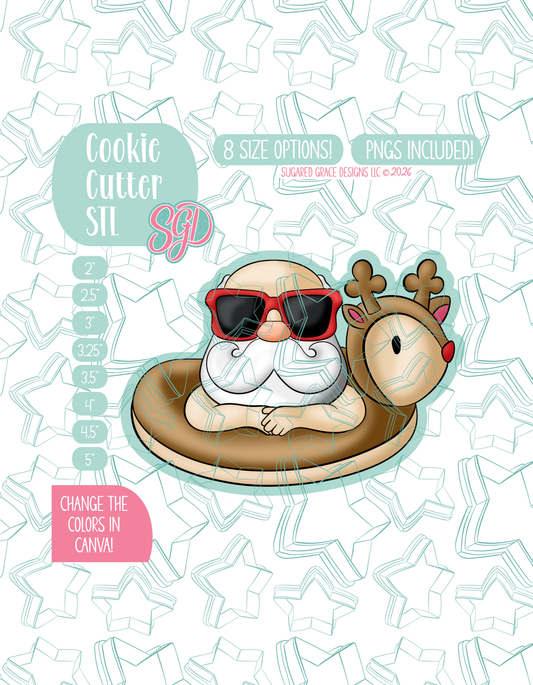 Illustrated Santa floating on a reindeer pool donut, displayed on a background watermarked with a teal star pattern representing Sugared Grace Design’s brand. Text explains that the listing includes a Pool Santa STL cookie cutter in multiple sizes plus editable PNG files.