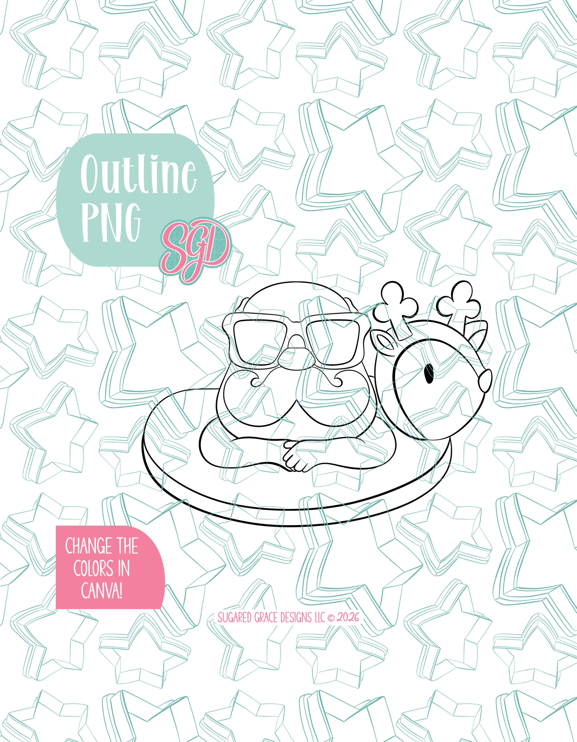 Black line outline drawing of the Pool Santa, displayed on a background watermarked with Sugared Grace Designs’ teal star pattern