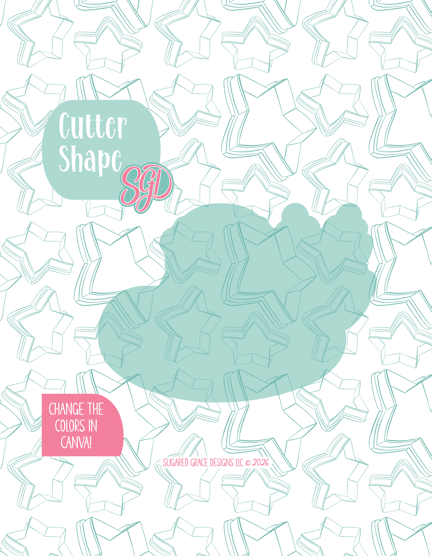 Solid teal silhouette showing the exact outer shape of the Pool Santa cookie cutter, displayed on a background watermarked with Sugared Grace Design’s teal star pattern