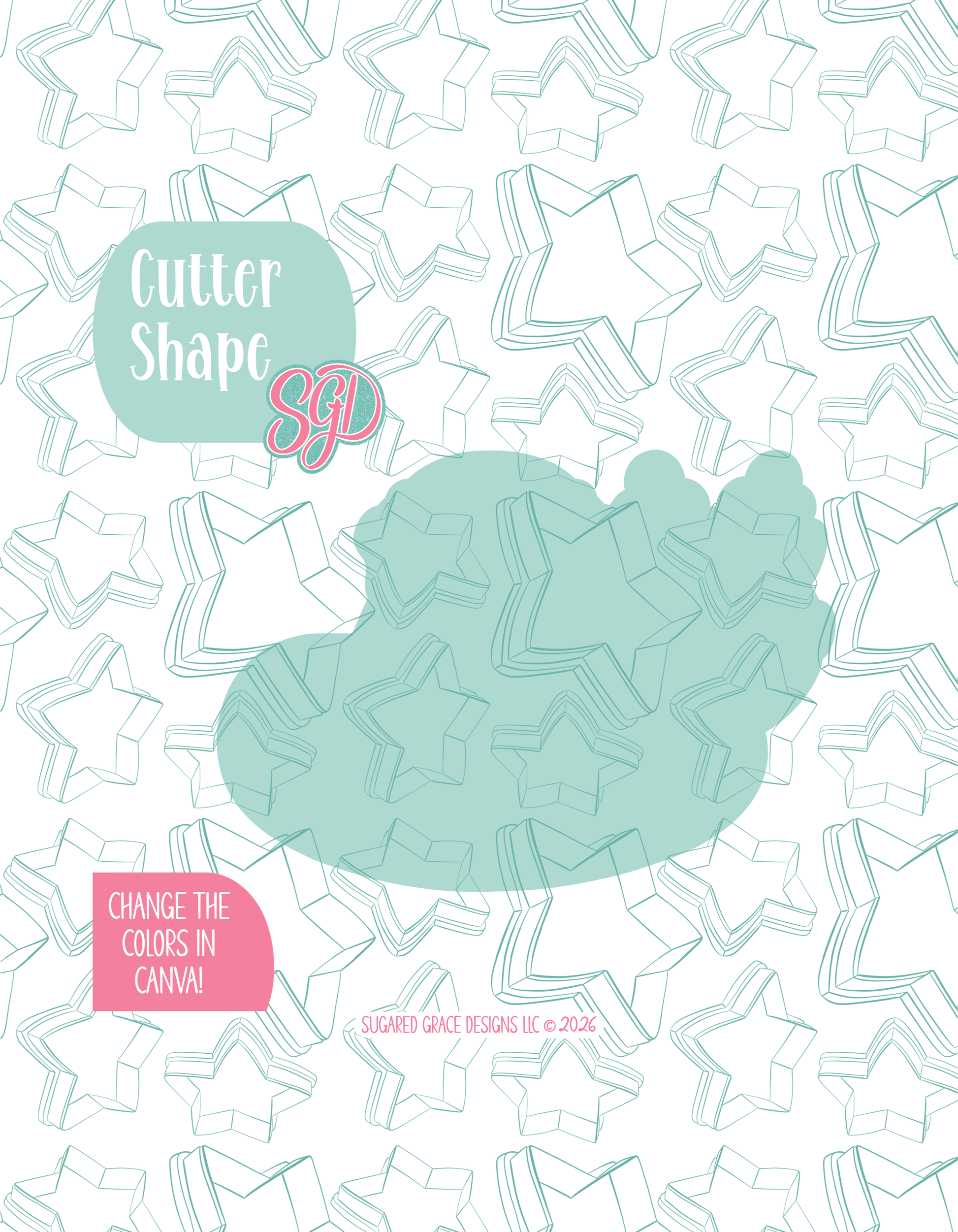 Solid teal silhouette showing the exact outer shape of the Pool Santa cookie cutter, displayed on a background watermarked with Sugared Grace Design’s teal star pattern