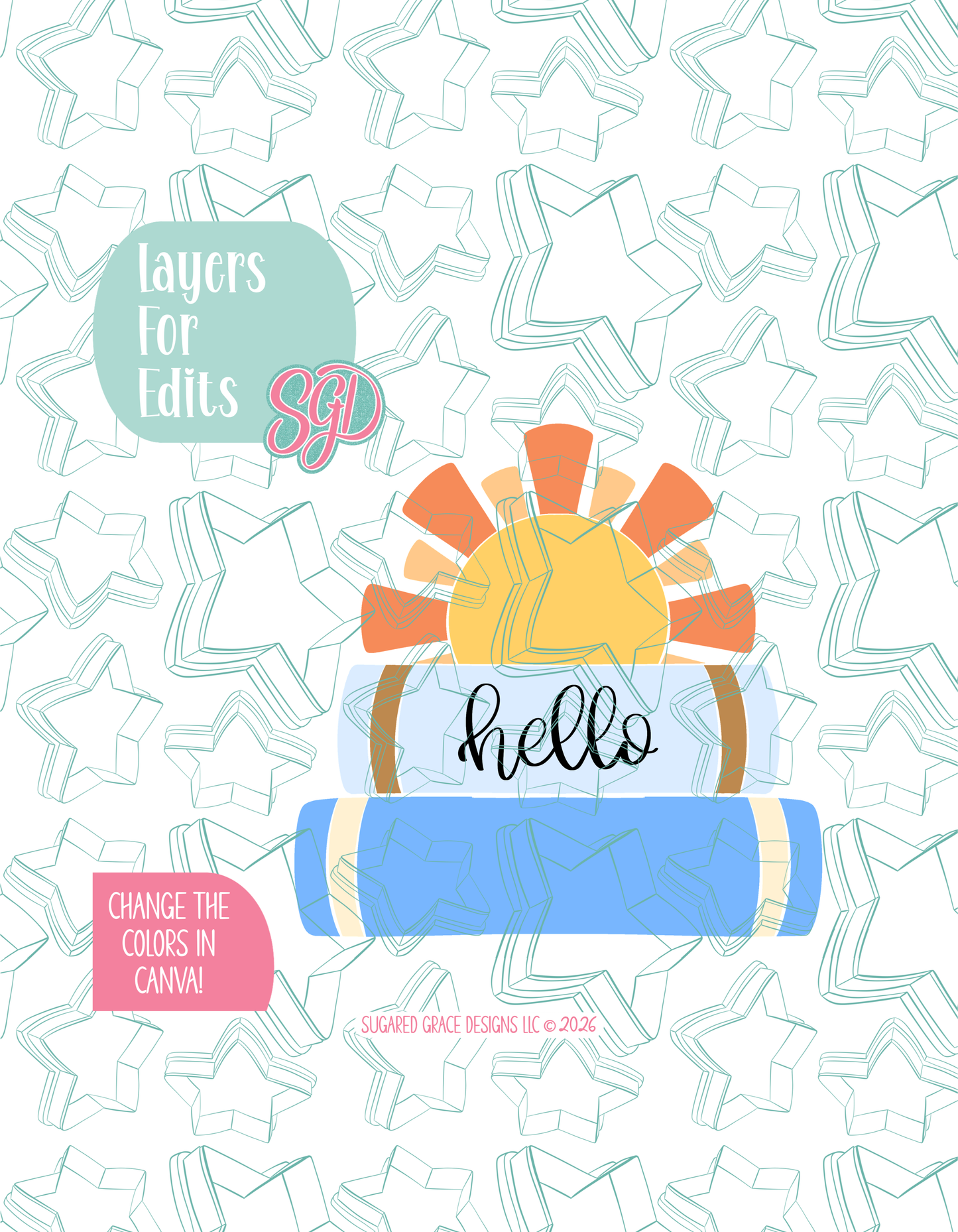 Colored layer breakdown of the book plaque showing each section in a different color, with every color representing a separate editable layer in Canva. Displayed on a background watermarked with Sugared Grace Designs’ teal star pattern