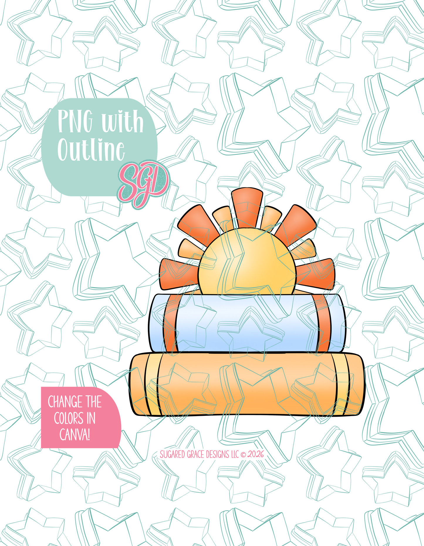 Full color illustrated book plaque, shown with a black outline on a background watermarked with Sugared Grace Designs’ teal star pattern