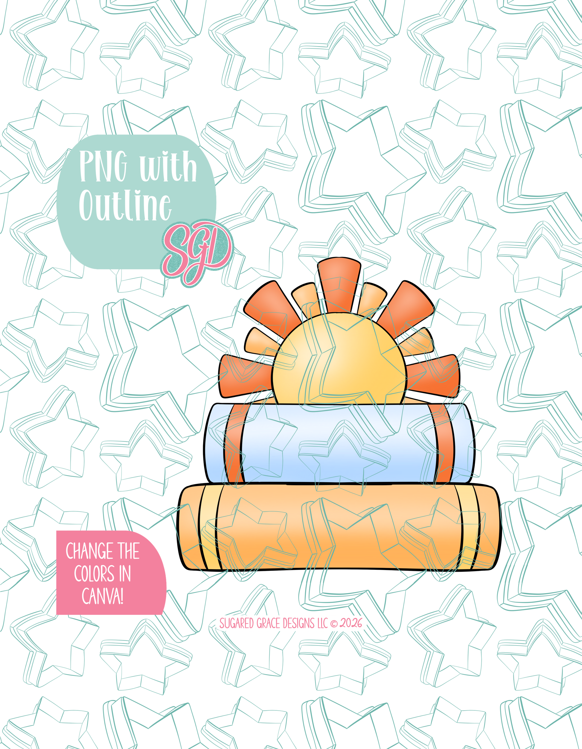 Full color illustrated book plaque, shown with a black outline on a background watermarked with Sugared Grace Designs’ teal star pattern
