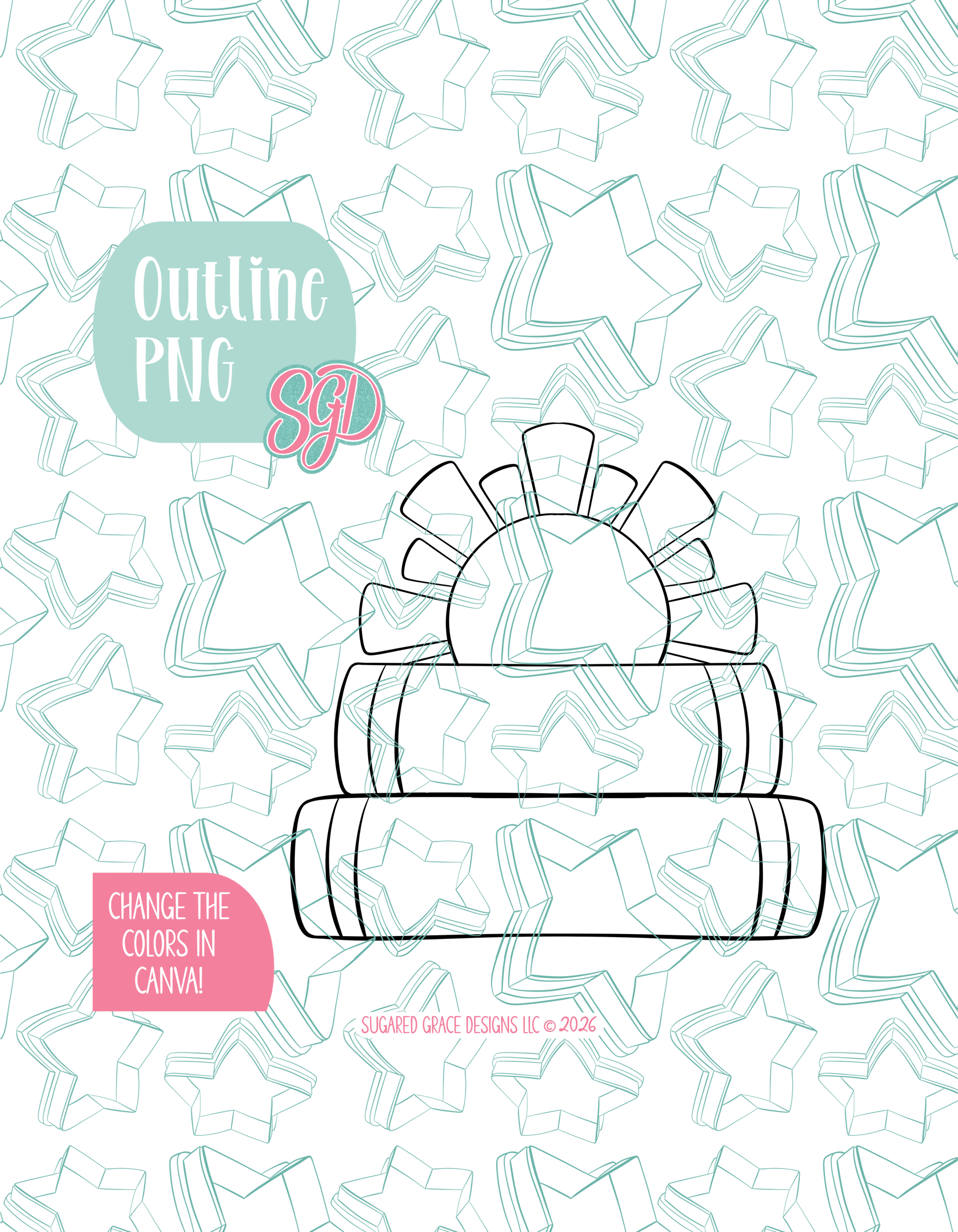 Black line outline drawing of the book plaque, displayed on a background watermarked with Sugared Grace Designs’ teal star pattern