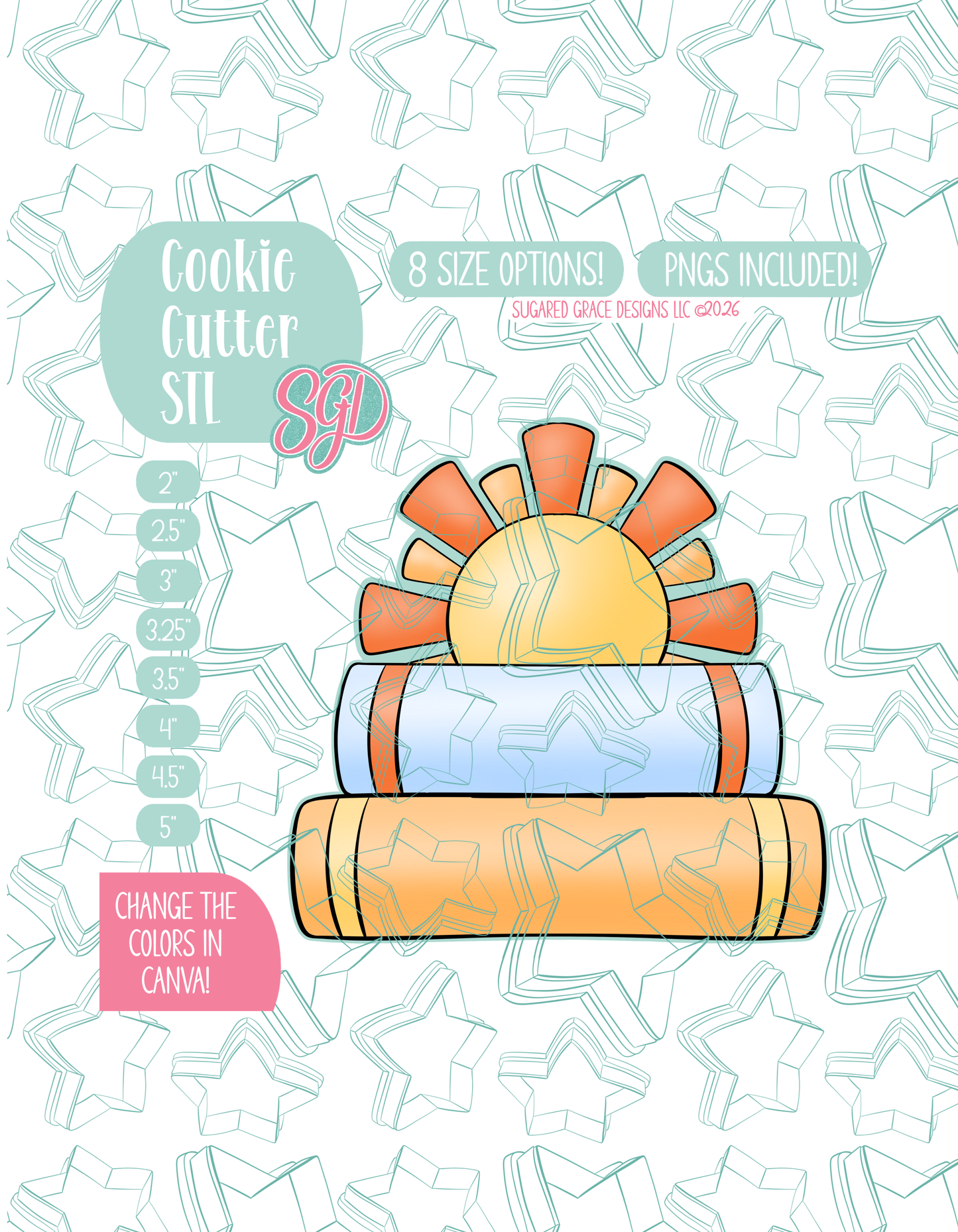 Illustrated stack of books with a sun peaking out from behind, displayed on a background watermarked with a teal star pattern representing Sugared Grace Design’s brand. Text explains that the listing includes the book plaque STL cookie cutter in multiple sizes plus editable PNG files.