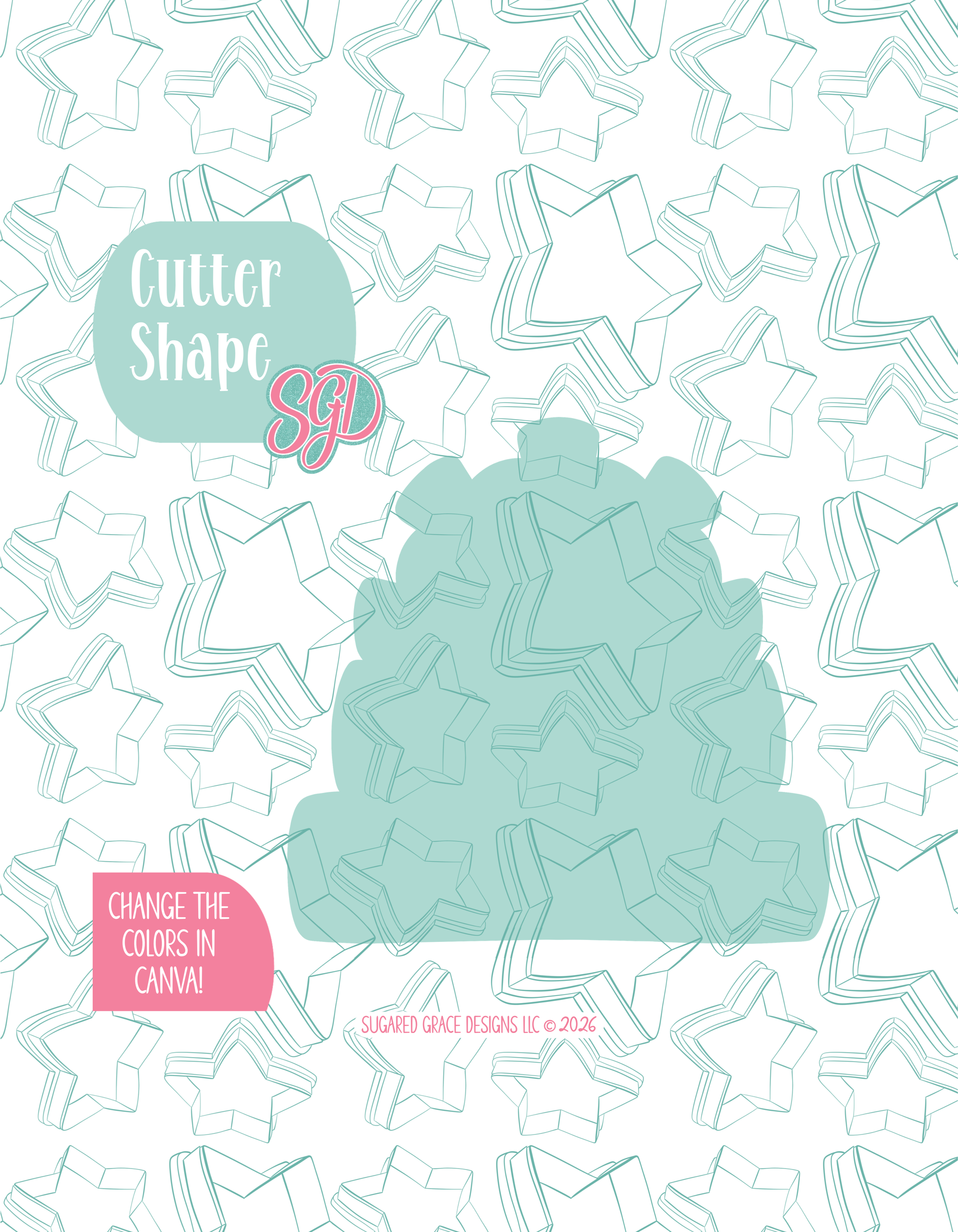 Solid teal silhouette showing the exact outer shape of the book plaque cookie cutter, displayed on a background watermarked with Sugared Grace Design’s teal star pattern