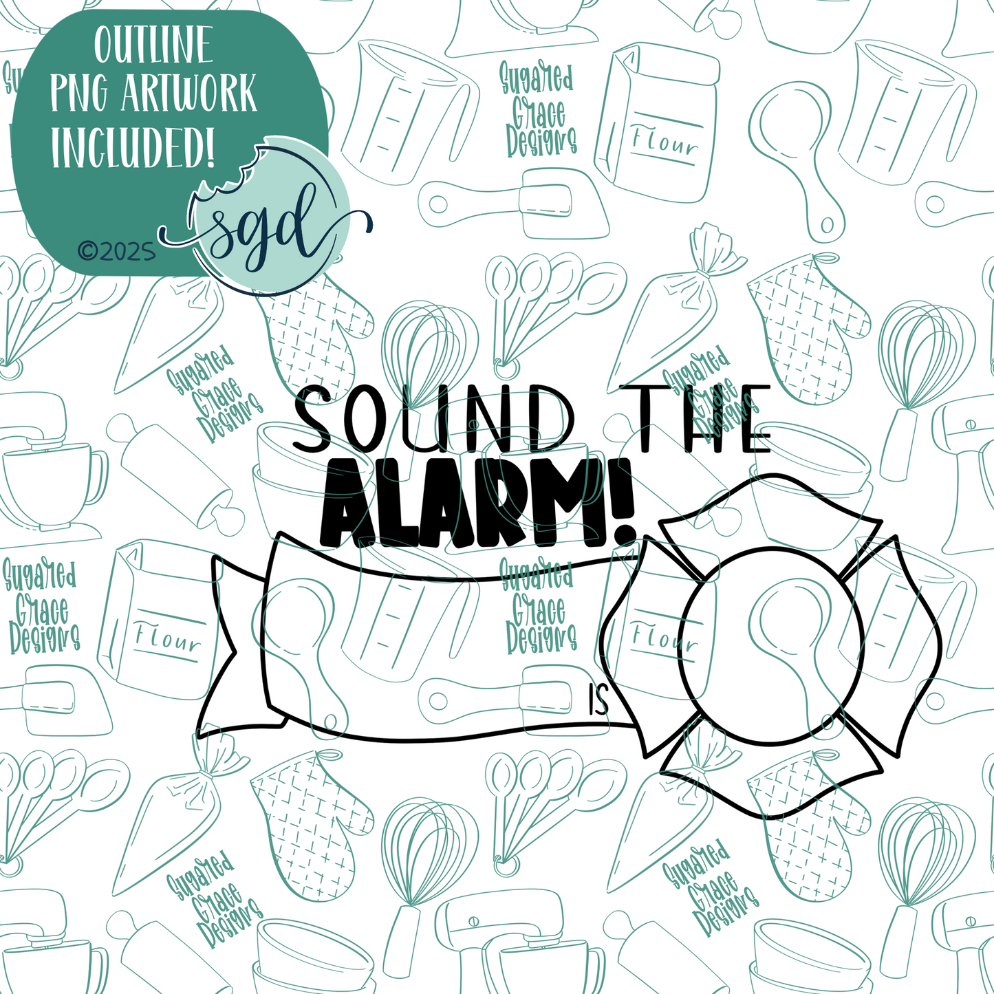 Sound the Alarm Plaque Cookie Cutter with PNG Images to Match - Hand Drawn Graphics for Edible Ink Printers