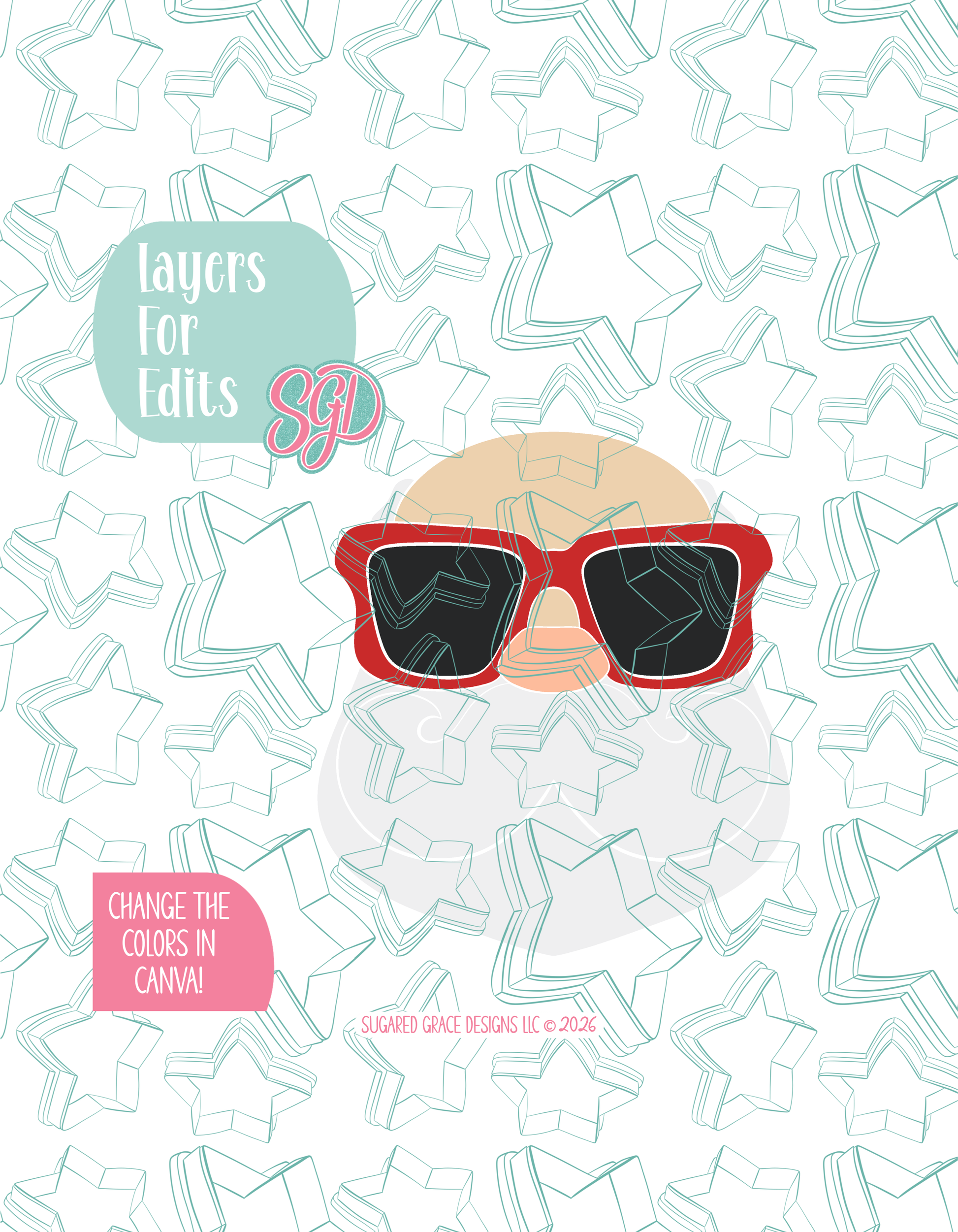 Colored layer breakdown of the Summer Santa showing each section in a different color, with every color representing a separate editable layer in Canva. Displayed on a background watermarked with Sugared Grace Designs’ teal star pattern
