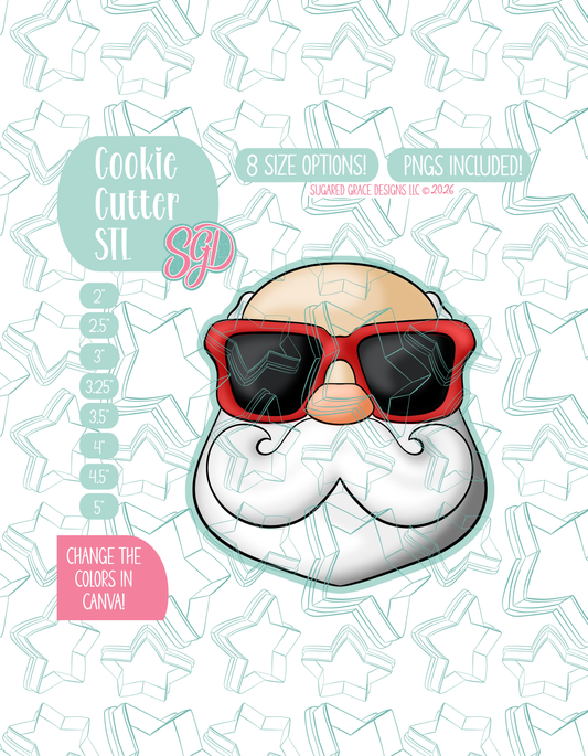 Illustrated balding Santa with sunglasses, displayed on a background watermarked with a teal star pattern representing Sugared Grace Design’s brand. Text explains that the listing includes a Summer Santa STL cookie cutter in multiple sizes plus editable PNG files.