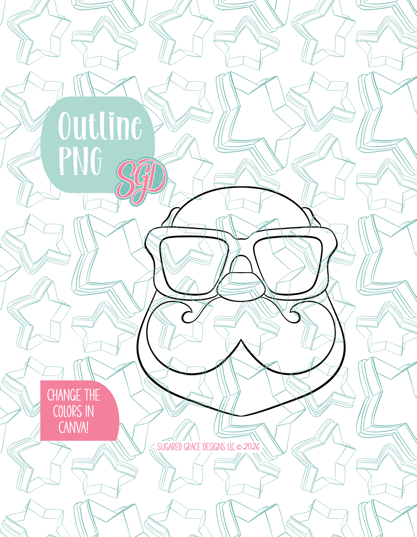 Black line outline drawing of the Summer Santa, displayed on a background watermarked with Sugared Grace Designs’ teal star pattern