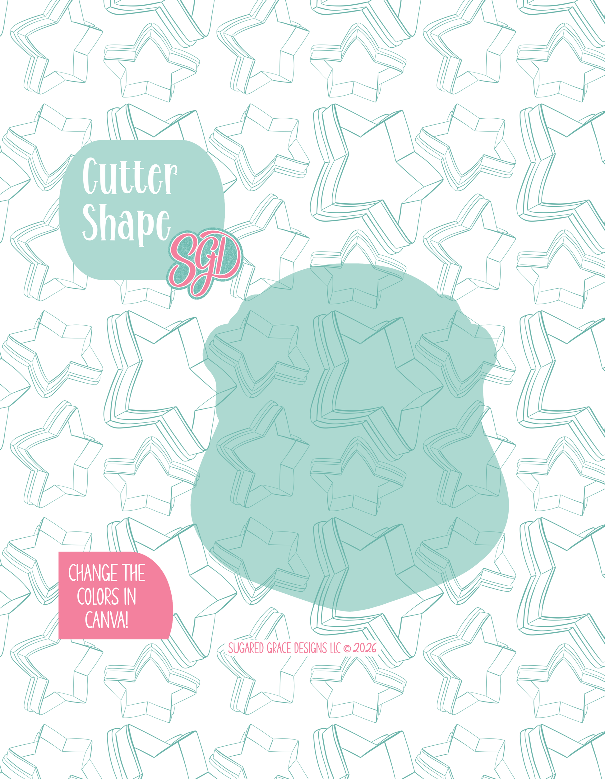Solid teal silhouette showing the exact outer shape of the Summer Santa cookie cutter, displayed on a background watermarked with Sugared Grace Design’s teal star pattern