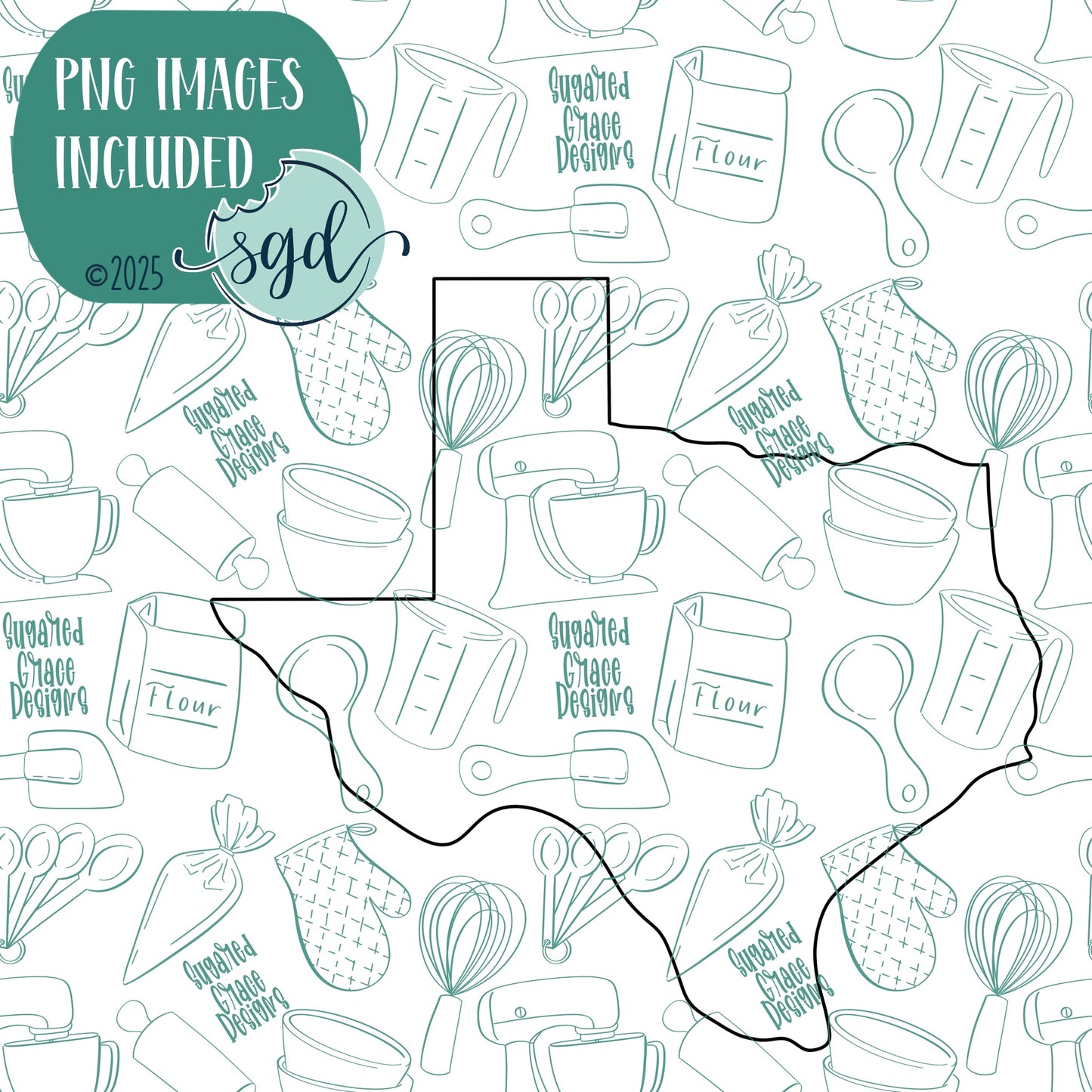 Texas State Cookie Cutter with PNG Images to Match - Hand Drawn Graphics for Edible Ink Printers - United States Shape