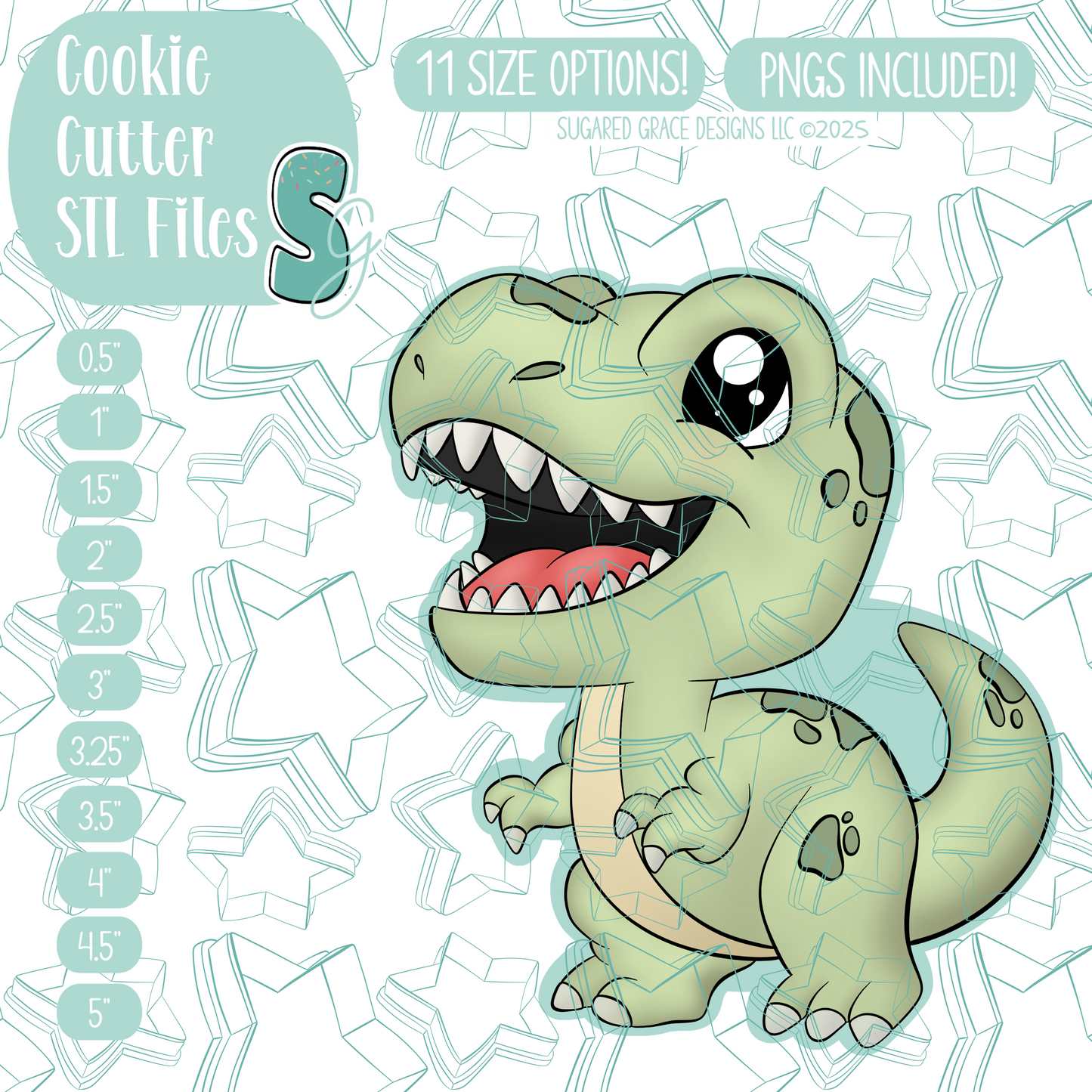 Green T-Rex Dinosaur Cookie Cutter STL File with PNG Images to Match - For 3D Printing and Edible Ink Printers