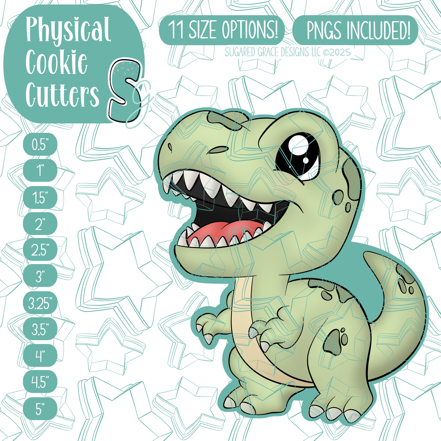 Green T-Rex Dinosaur Cookie Cutter with PNG Images to Match - Hand Drawn Graphics for Edible Ink Printers