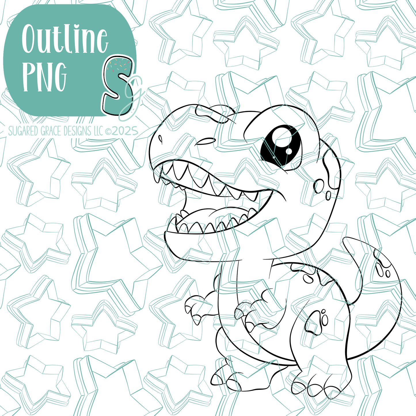 Green T-Rex Dinosaur Cookie Cutter with PNG Images to Match - Hand Drawn Graphics for Edible Ink Printers