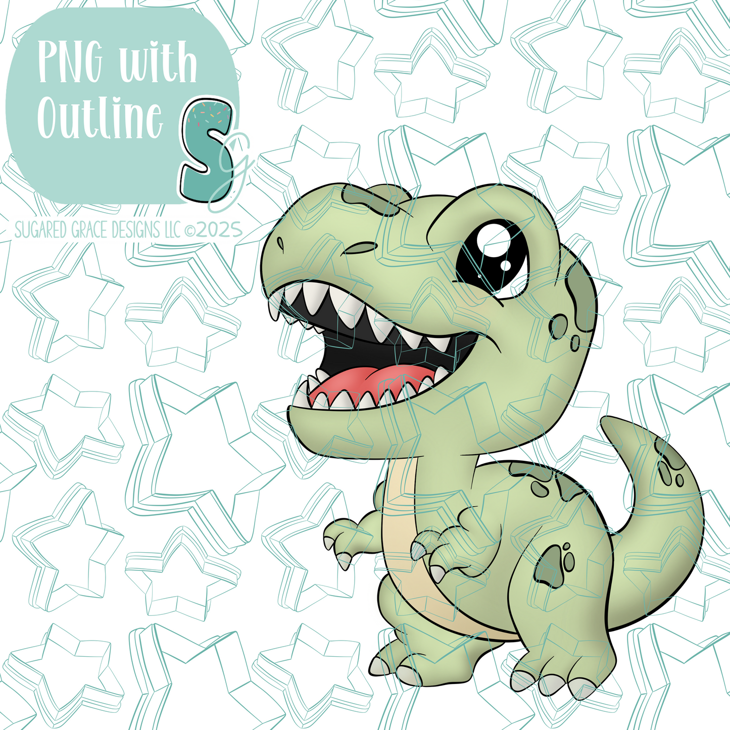 Green T-Rex Dinosaur Cookie Cutter STL File with PNG Images to Match - For 3D Printing and Edible Ink Printers