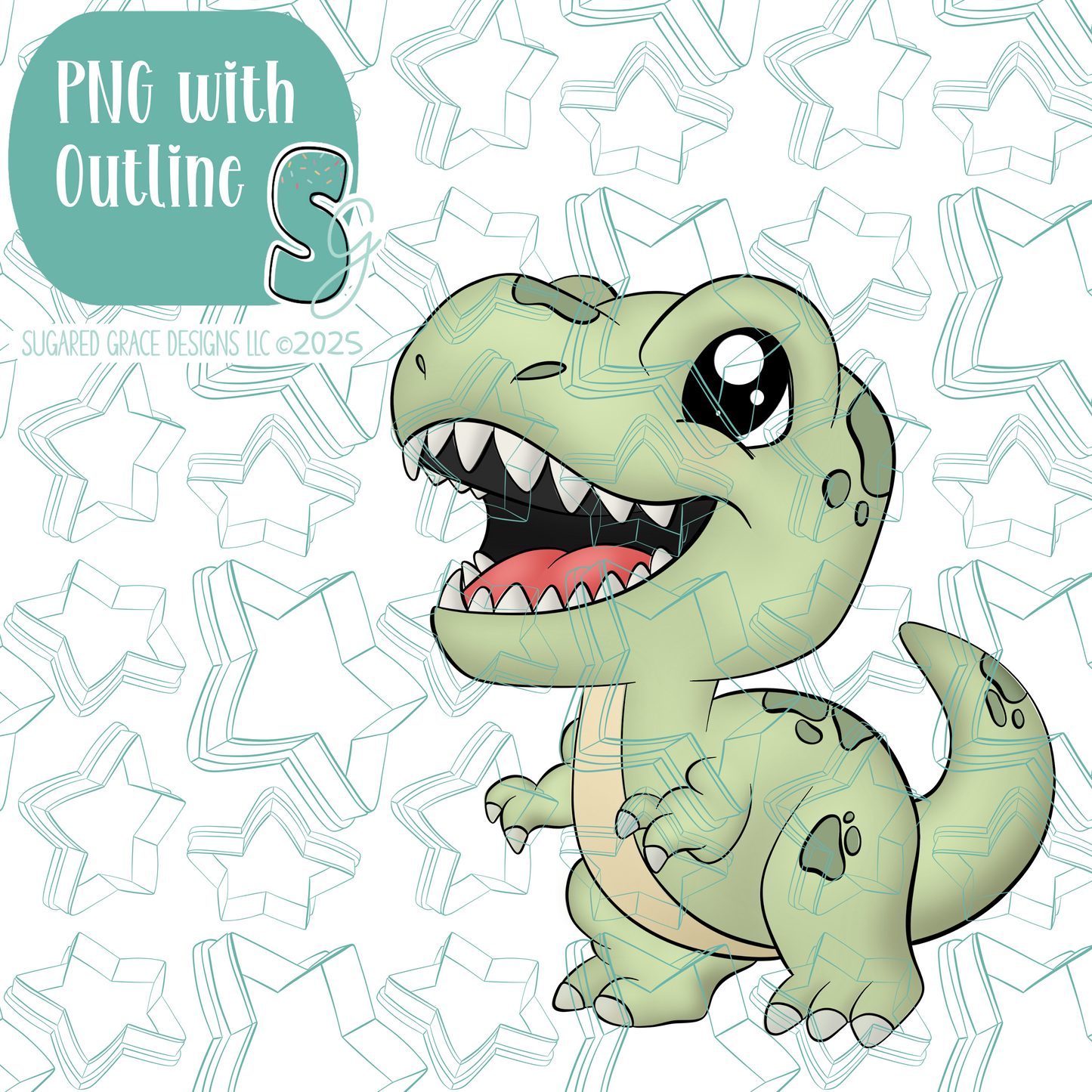 Green T-Rex Dinosaur Cookie Cutter with PNG Images to Match - Hand Drawn Graphics for Edible Ink Printers