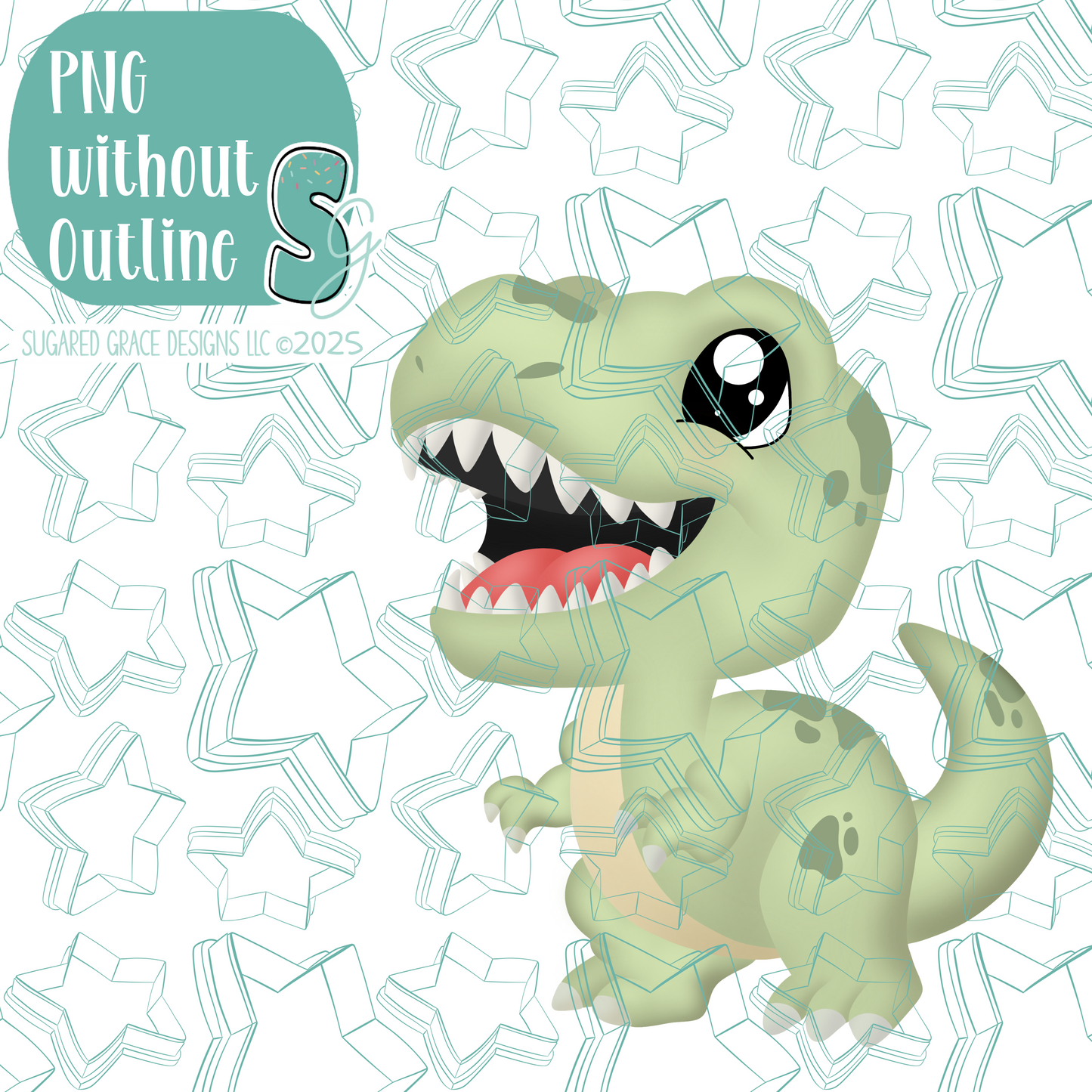 Green T-Rex Dinosaur Cookie Cutter with PNG Images to Match - Hand Drawn Graphics for Edible Ink Printers
