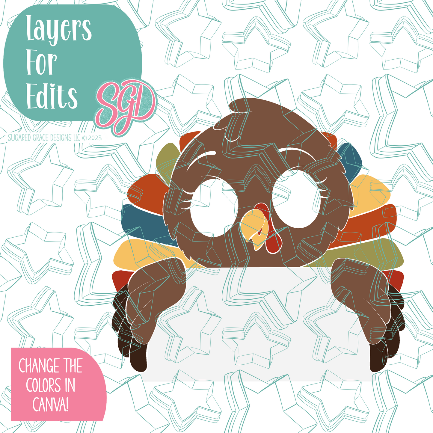 Turkey Plaque Cookie Cutter with PNG Images to Match - Hand Drawn Graphics for Edible Ink Printers