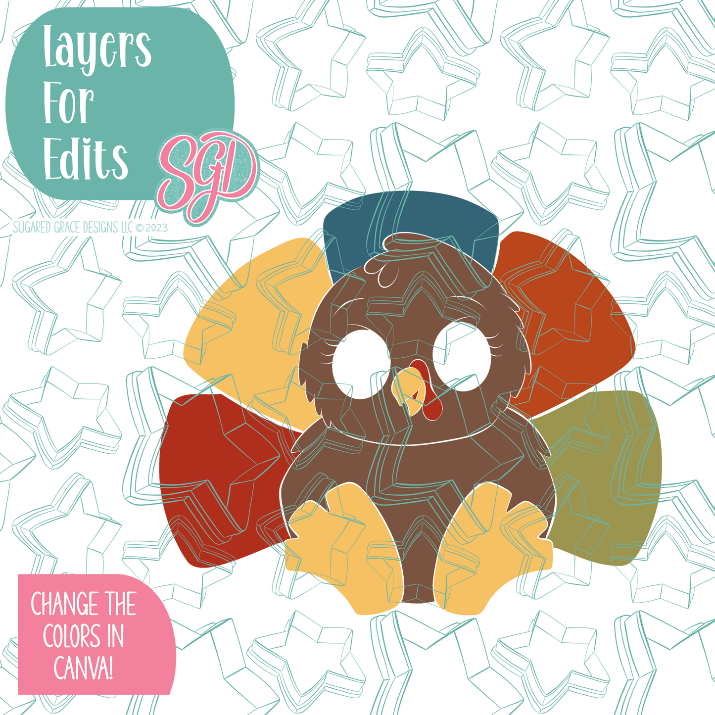 Chubby Turkey Cookie Cutter with PNG Images to Match - Hand Drawn Graphics for Edible Ink Printers