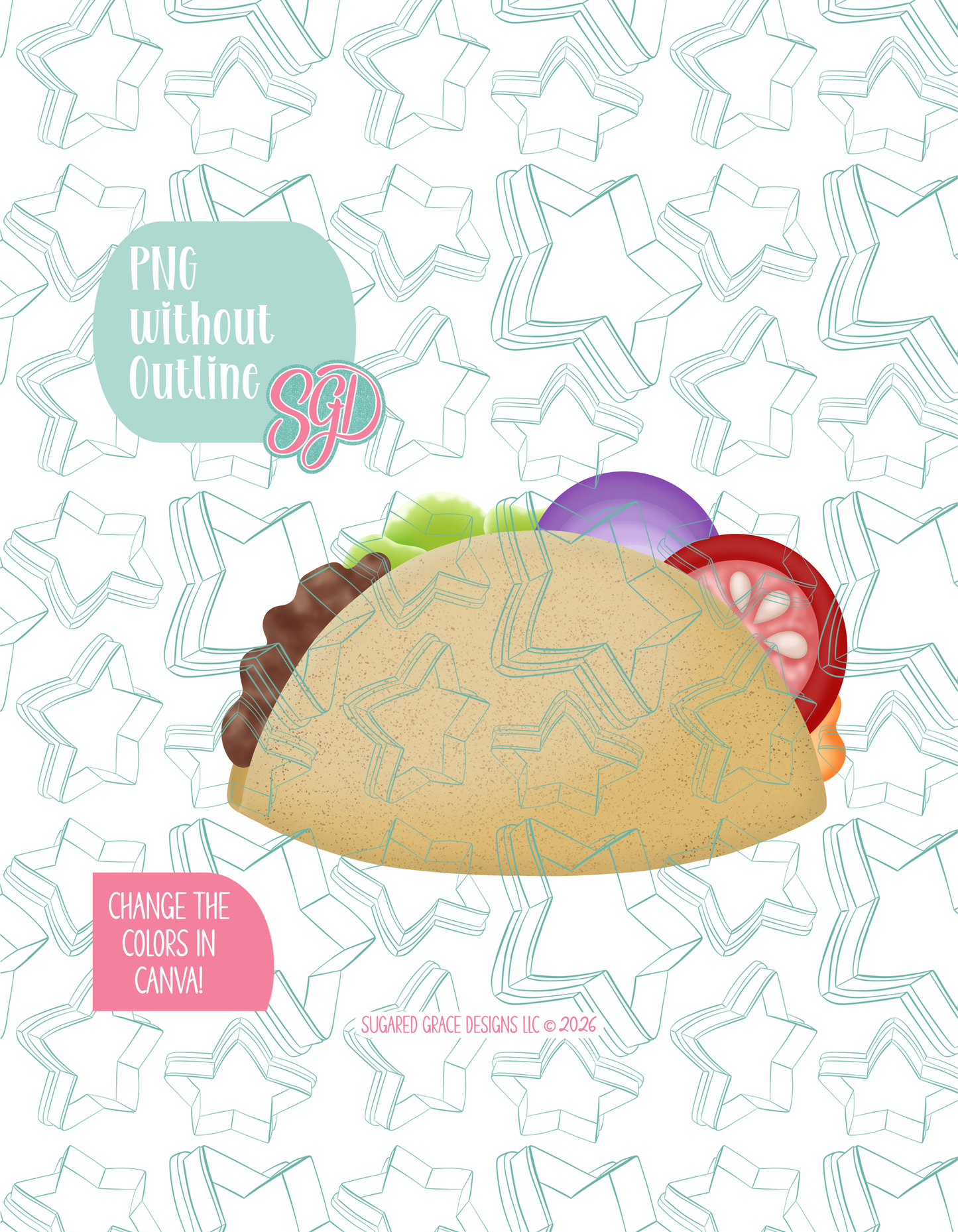 Full color version of the illustrated Taco, shown without black outlines on a background watermarked with Sugared Grace Designs’ tag star pattern