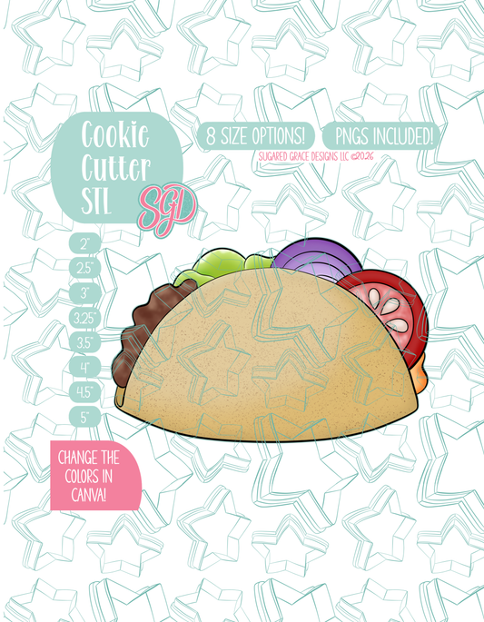 Illustrated Taco, displayed on a background watermarked with a teal star pattern representing Sugared Grace Design’s brand. Text explains that the listing includes a Taco STL cookie cutter in multiple sizes plus editable PNG files.