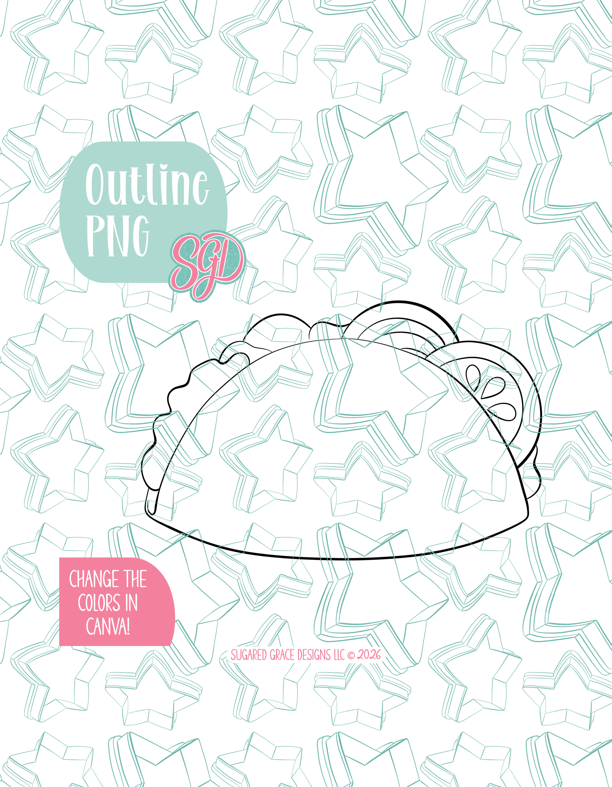 Black line outline drawing of the Taco displayed on a background watermarked with Sugared Grace Designs’ teal star pattern