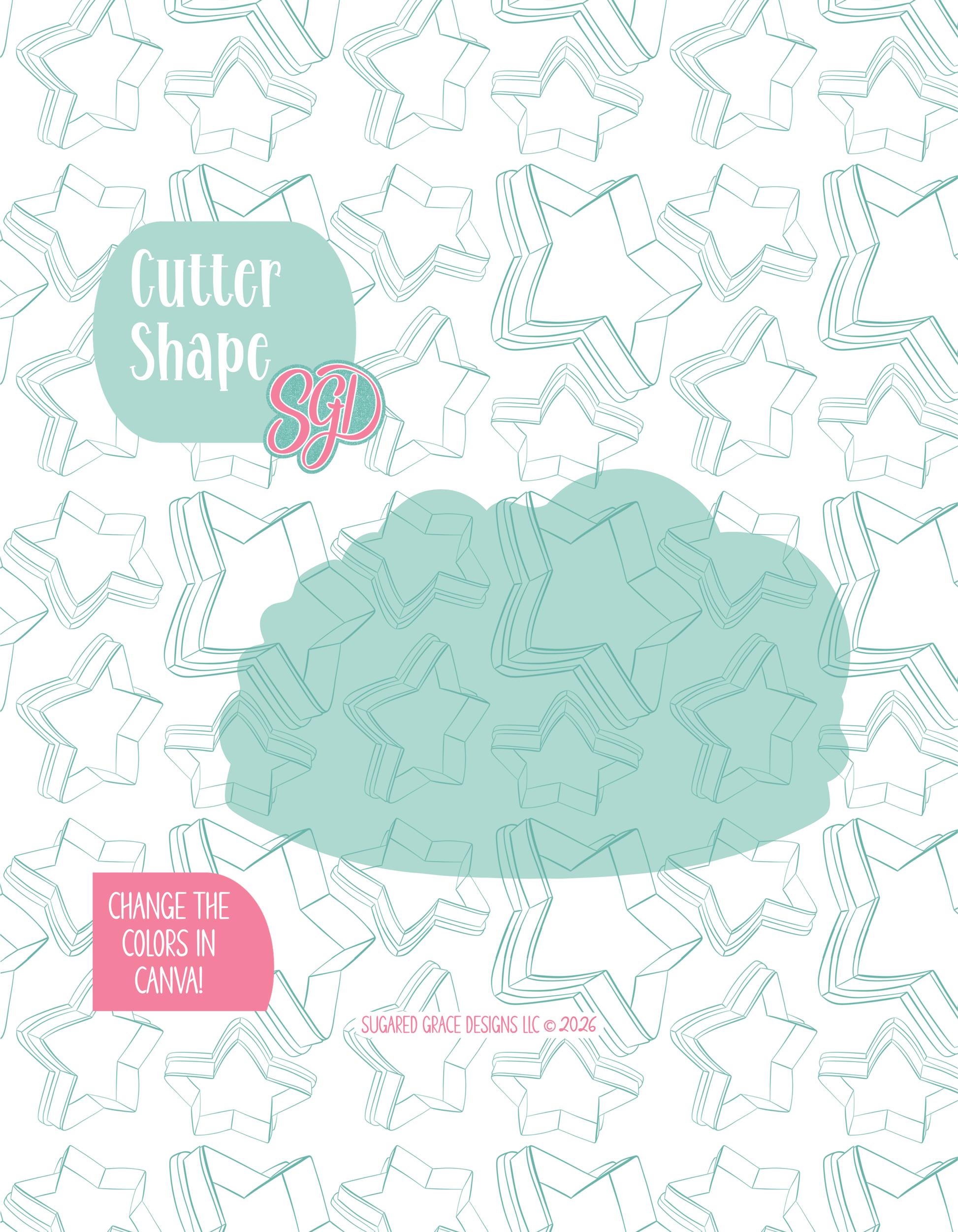 Solid teal silhouette showing the exact outer shape of the Taco cookie cutter, displayed on a background watermarked with Sugared Grace Design’s teal star pattern