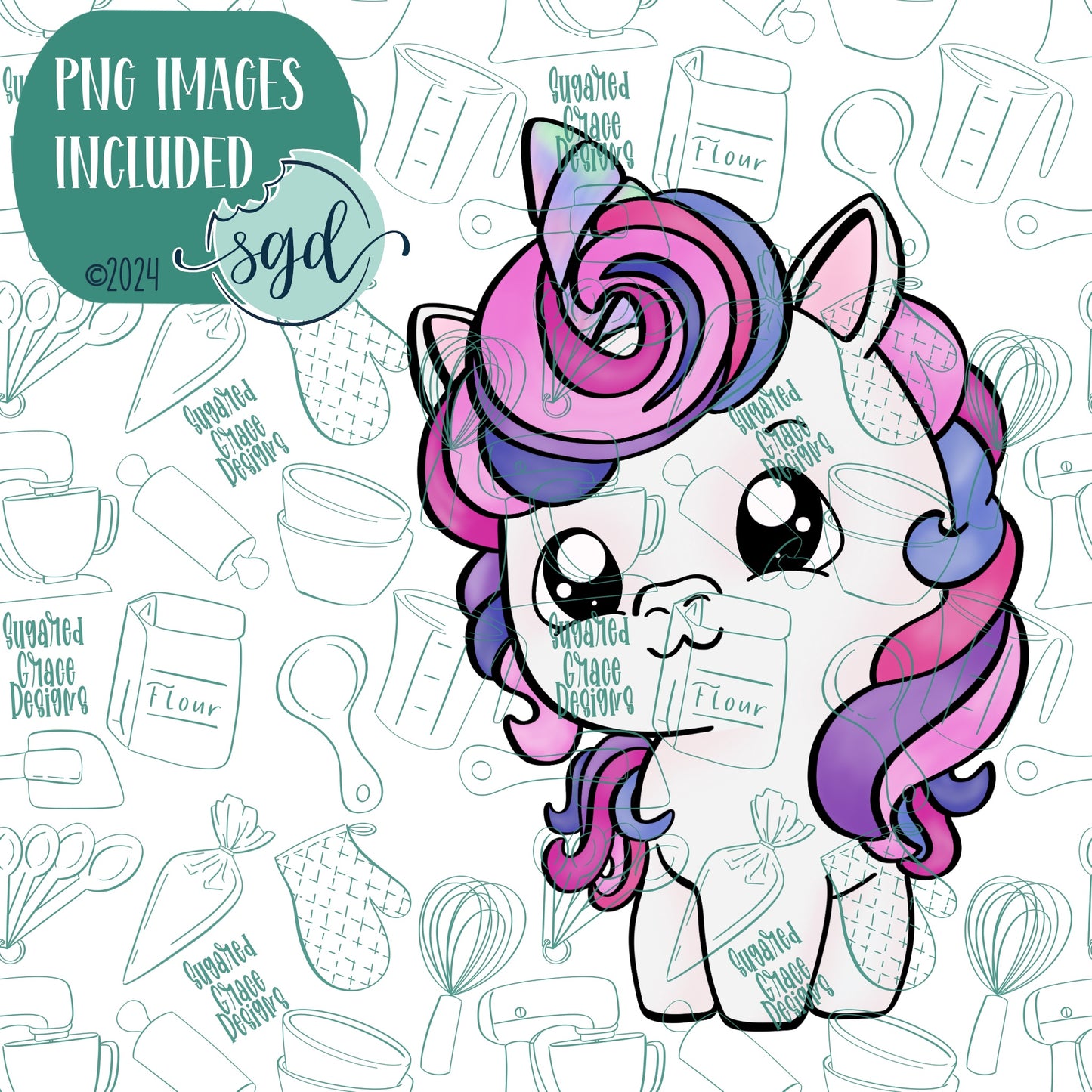Unicorn Cookie Cutter with PNG Images to Match - Hand Drawn Graphics for Edible Ink Printers