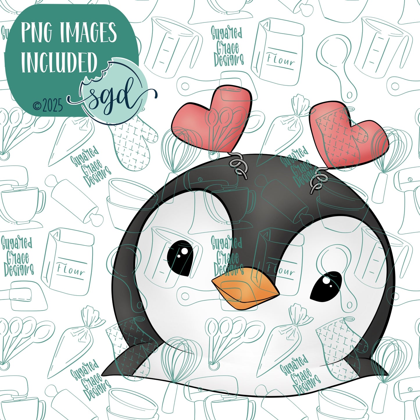 Valentines Day Penguin Cookie Cutter with PNG Images to Match - Hand Drawn Graphics for Edible Ink Printers