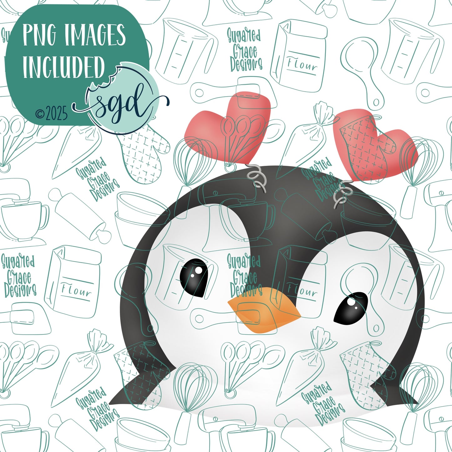 Valentines Day Penguin Cookie Cutter with PNG Images to Match - Hand Drawn Graphics for Edible Ink Printers