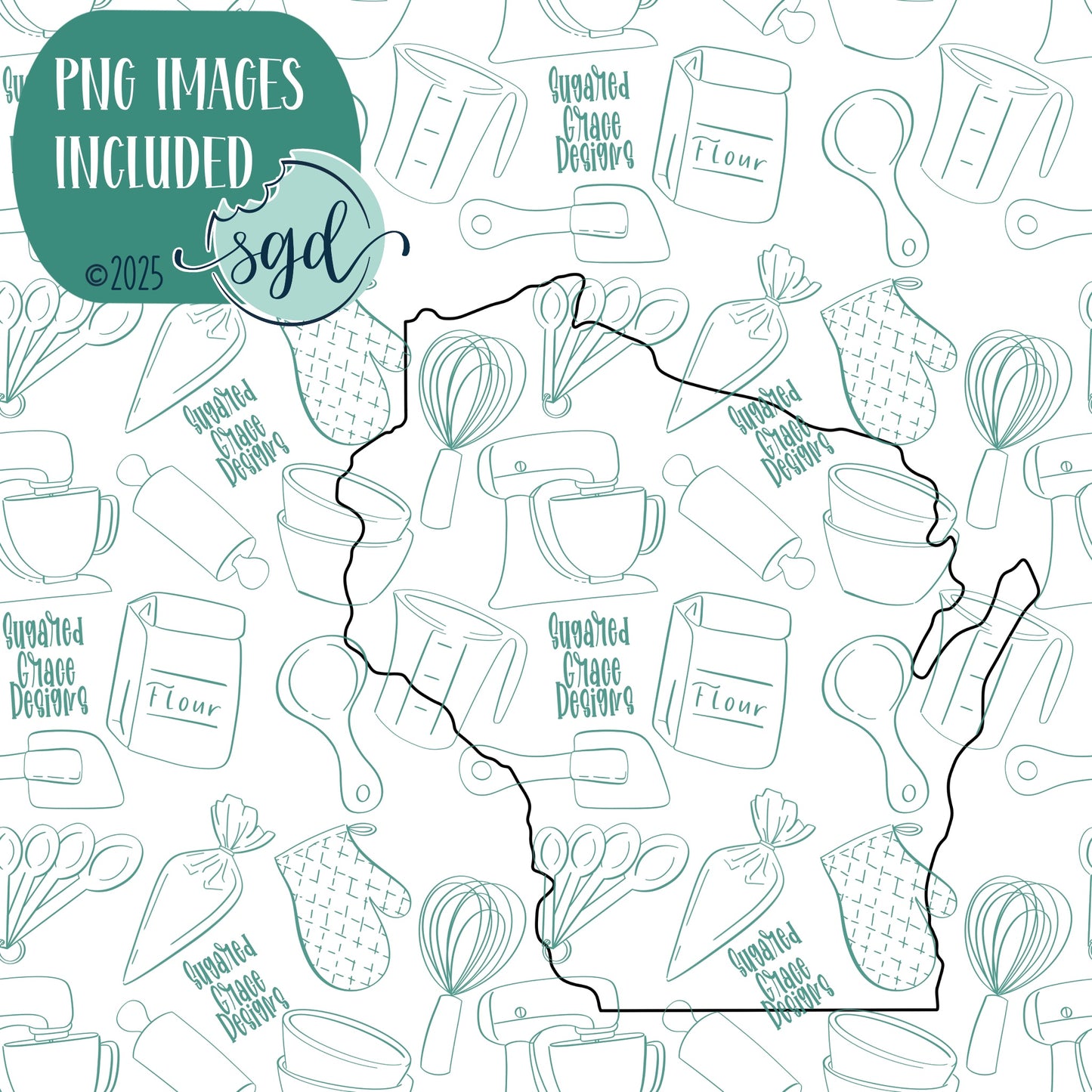 Wisconsin State Cookie Cutter with PNG Images to Match - Hand Drawn Graphics for Edible Ink Printers - United States Shape