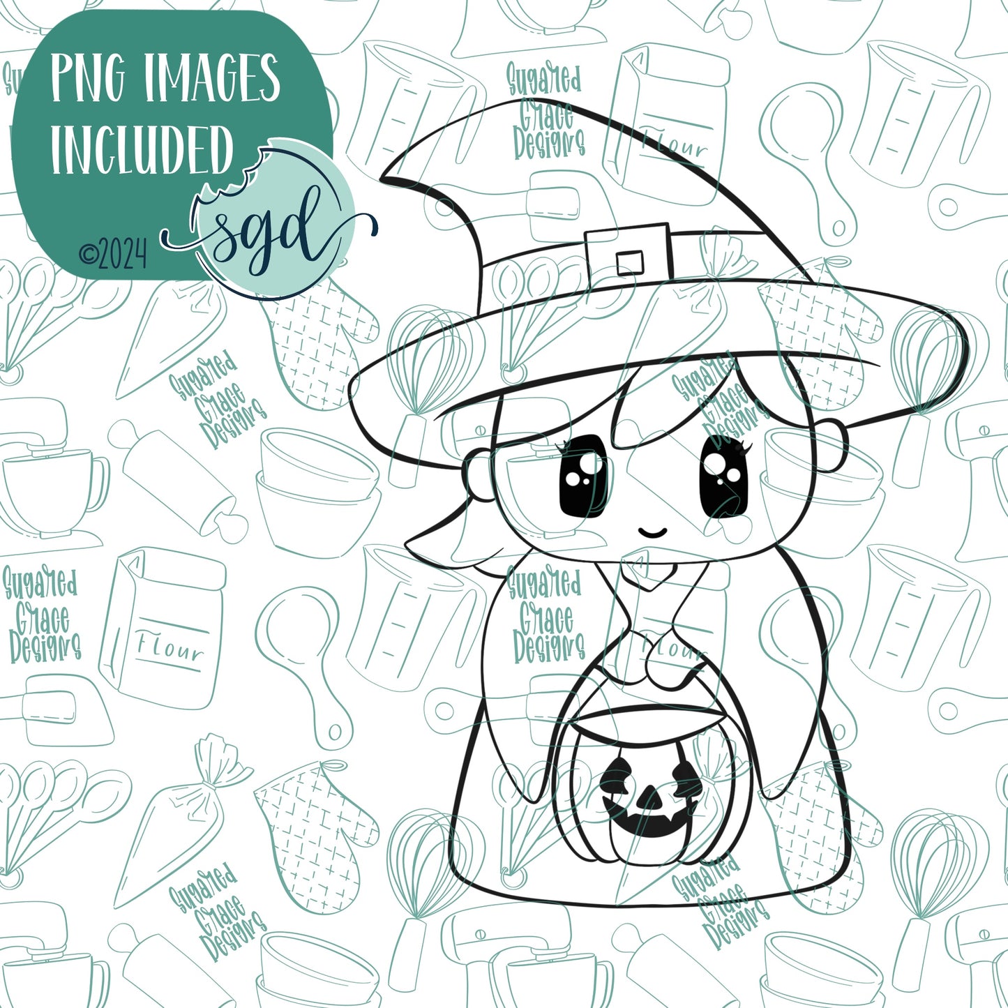 Trick or Treat Witch Cookie Cutter with PNG Images to Match - Hand Drawn Graphics for Edible Ink Printers