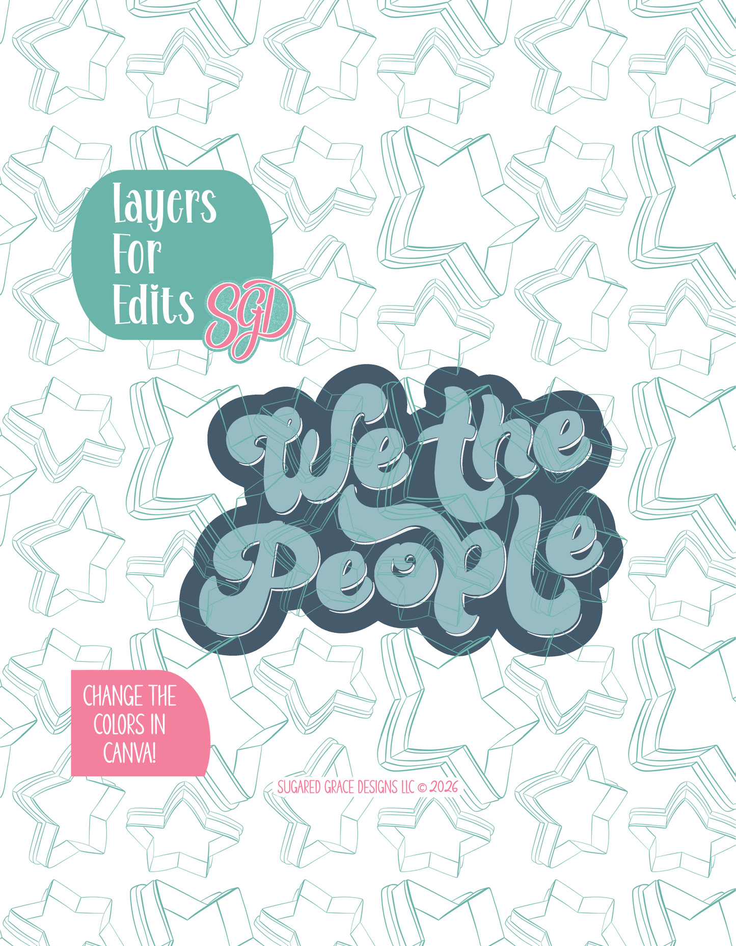 Colored layer breakdown of the plaque showing each section in a different color, with every color representing a separate editable layer in Canva. Displayed on a background watermarked with Sugared Grace Designs’ teal star pattern