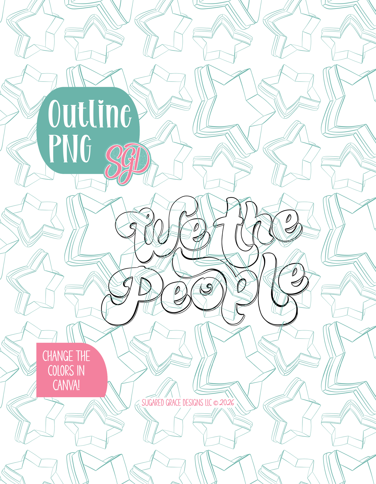 Black line outline drawing of the Plaque, displayed on a background watermarked with Sugared Grace Designs’ teal star pattern