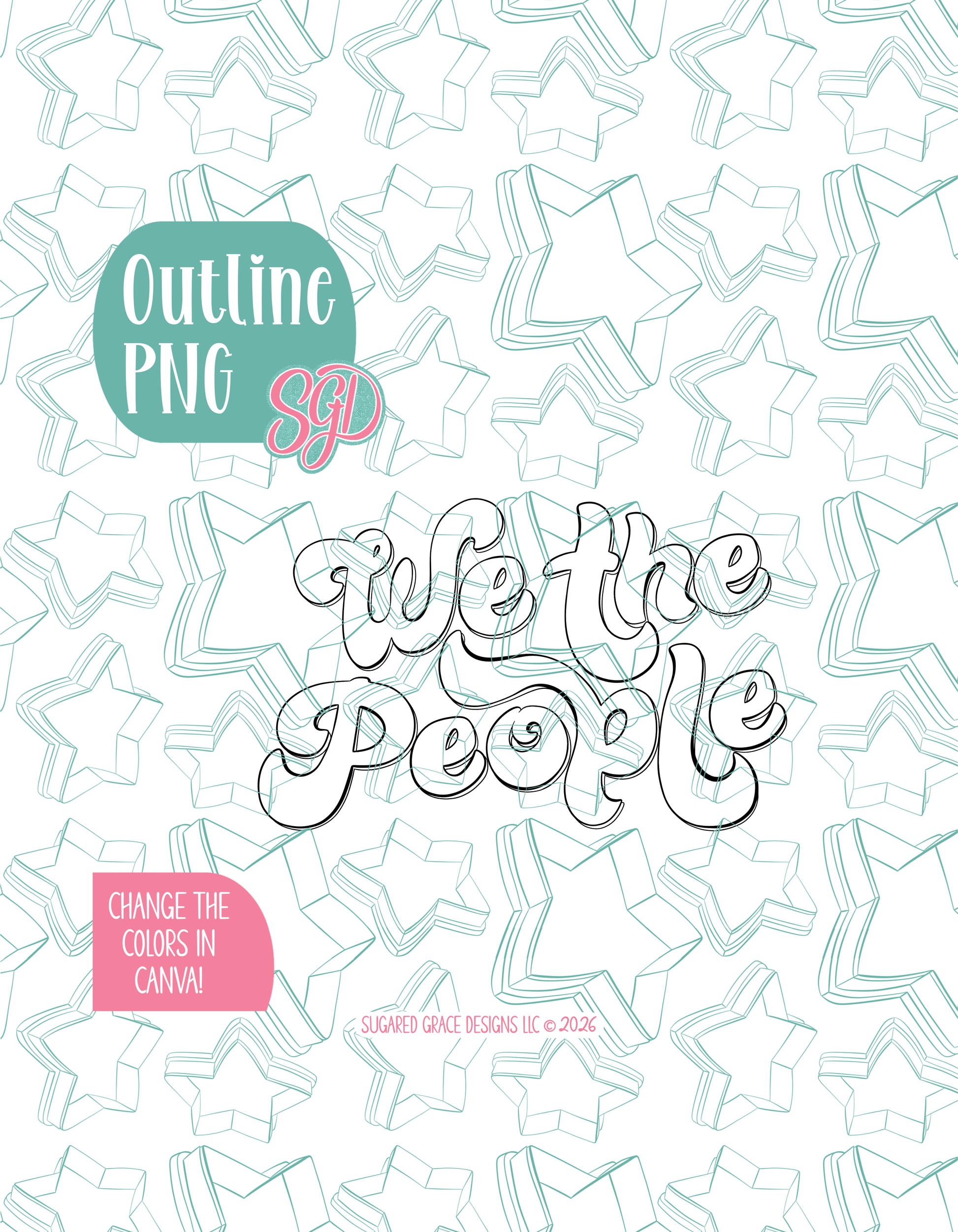Black line outline drawing of the Plaque, displayed on a background watermarked with Sugared Grace Designs’ teal star pattern