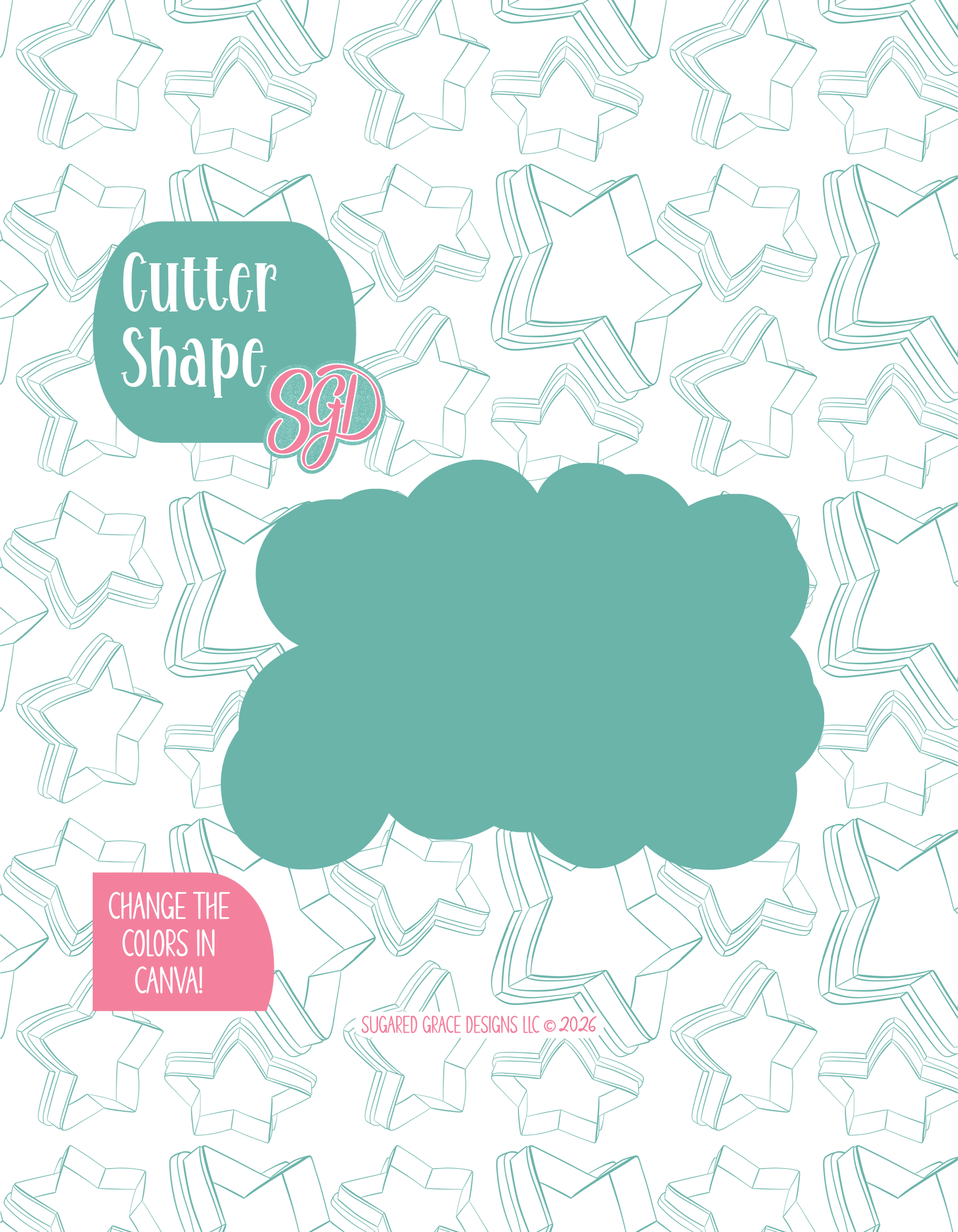 Solid teal silhouette showing the exact outer shape of the plaque cookie cutter, displayed on a background watermarked with Sugared Grace Design’s teal star pattern