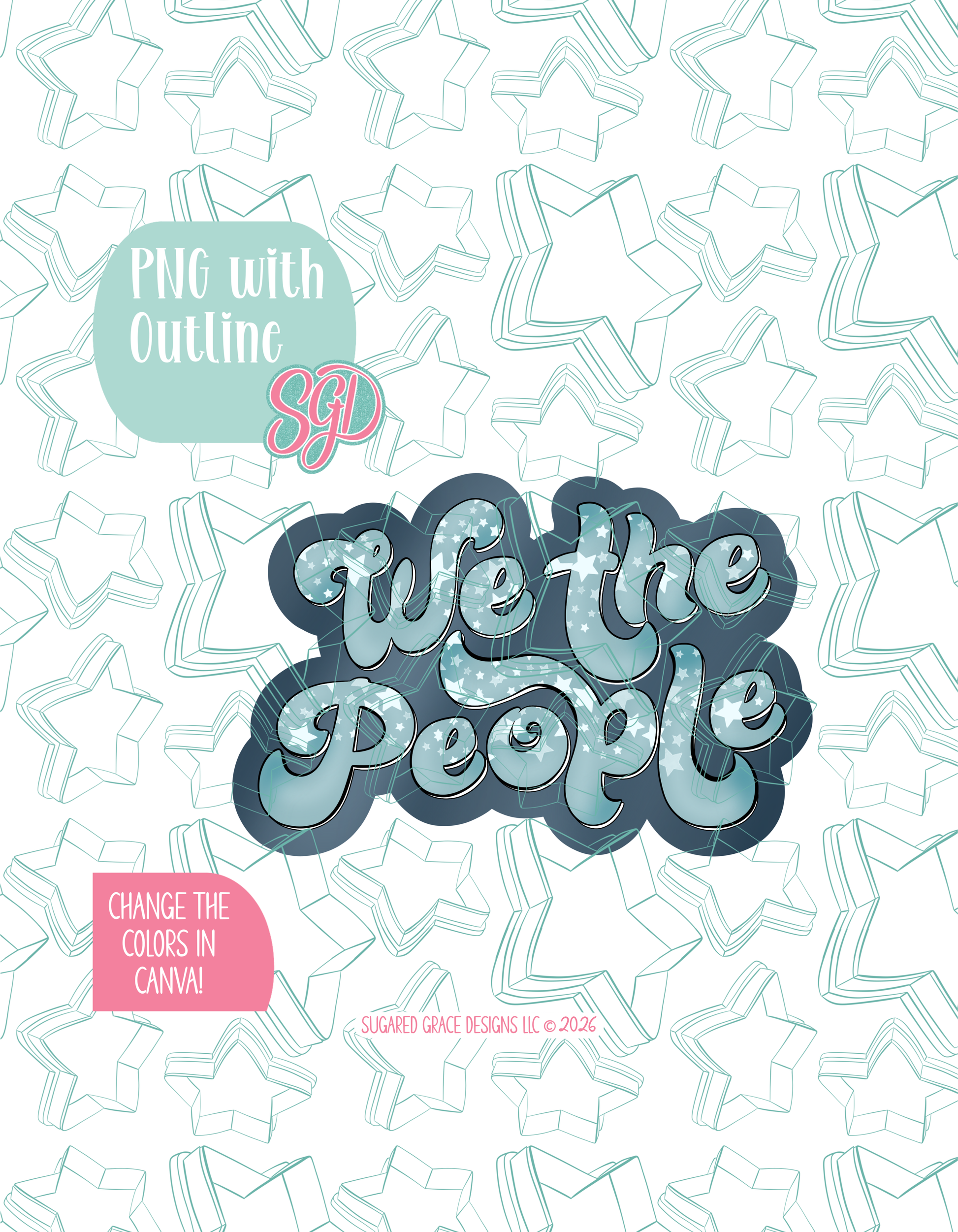 Full color illustrated plaque, shown with a black outline on a background watermarked with Sugared Grace Designs’ teal star pattern