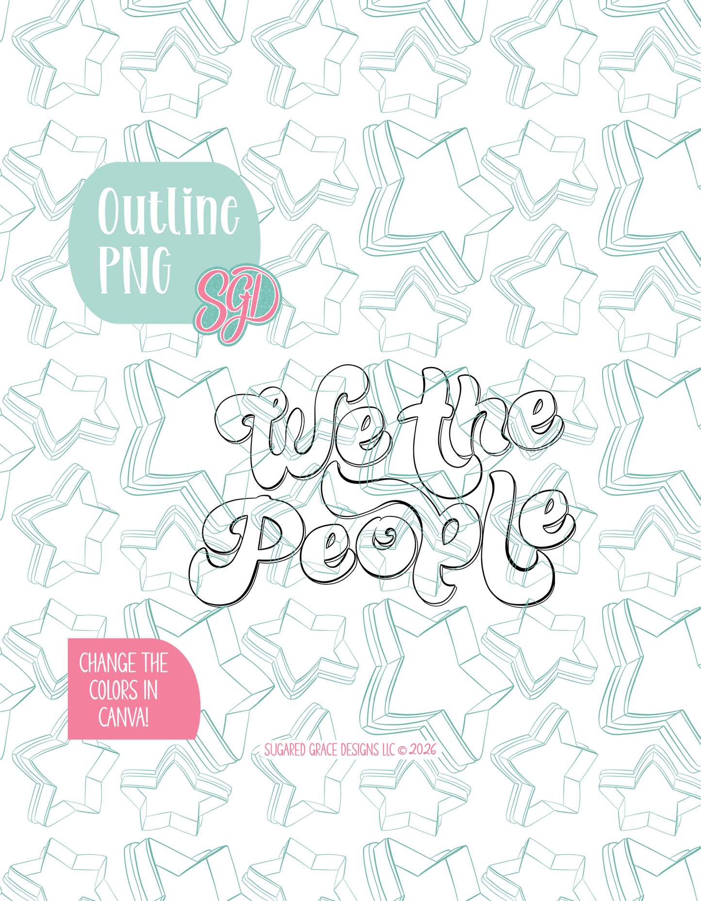 Black line outline drawing of the Plaque, displayed on a background watermarked with Sugared Grace Designs’ teal star pattern