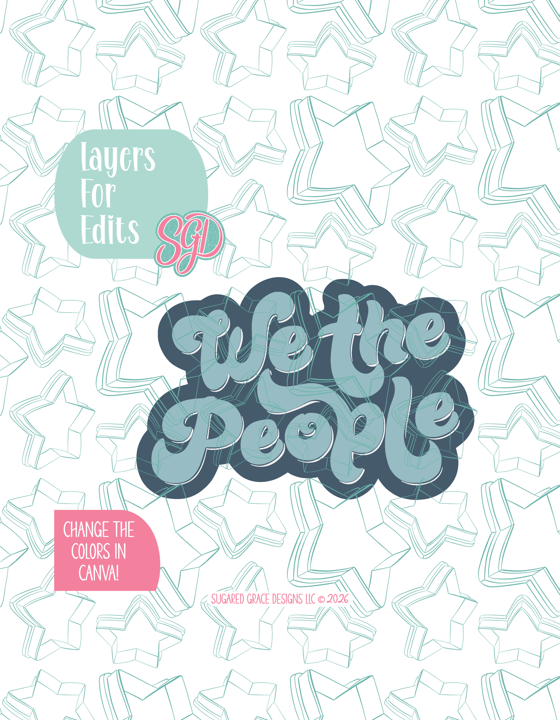 Colored layer breakdown of the plaque showing each section in a different color, with every color representing a separate editable layer in Canva. Displayed on a background watermarked with Sugared Grace Designs’ teal star pattern