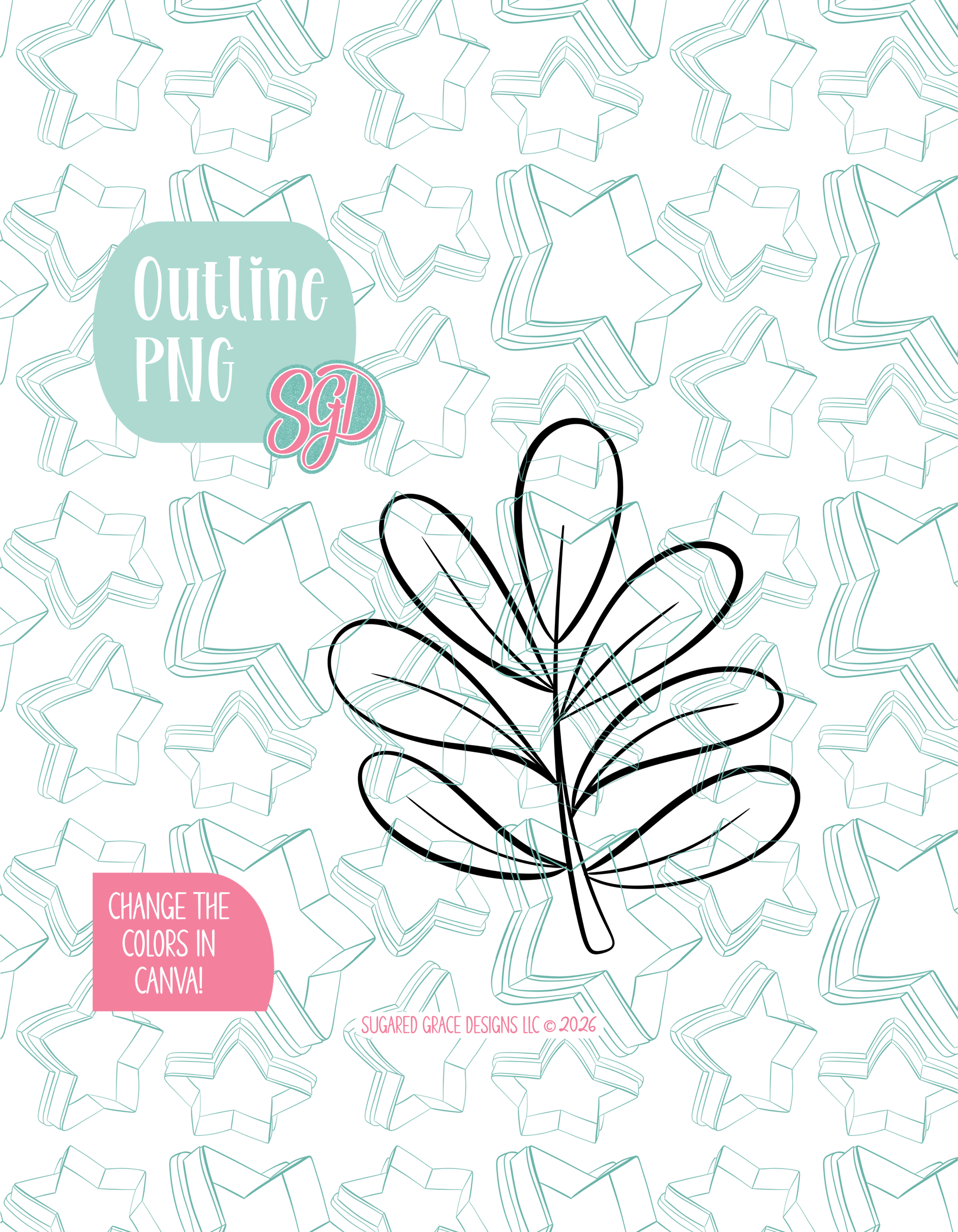Black line outline drawing of the Zoo Leaf, displayed on a background watermarked with Sugared Grace Designs’ teal star pattern
