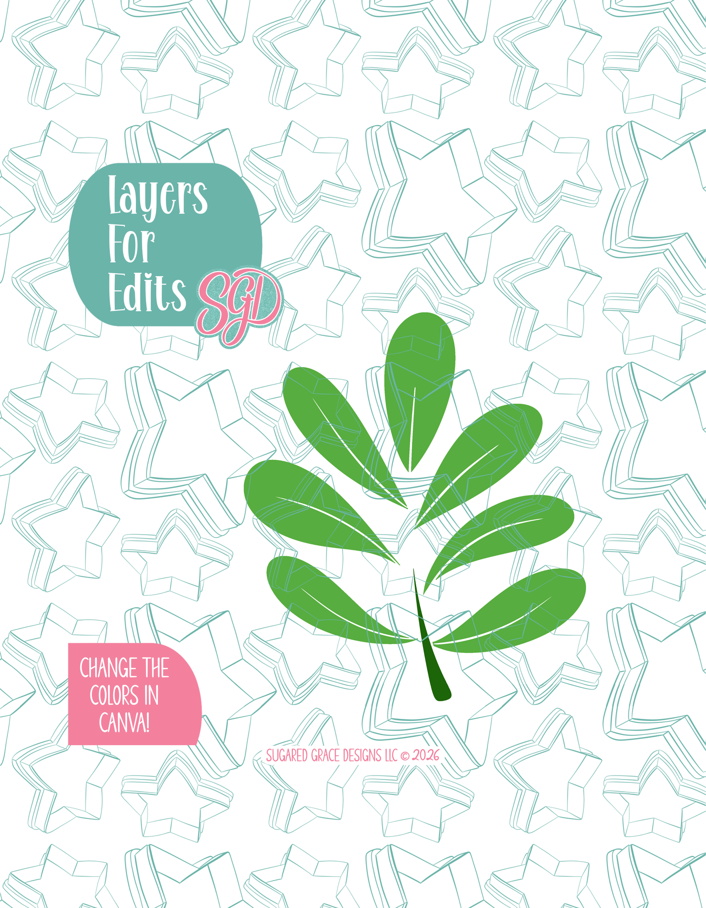 Colored layer breakdown of the Zoo Leaf showing each section in a different color, with every color representing a separate editable layer in Canva. Displayed on a background watermarked with Sugared Grace Designs’ teal star pattern