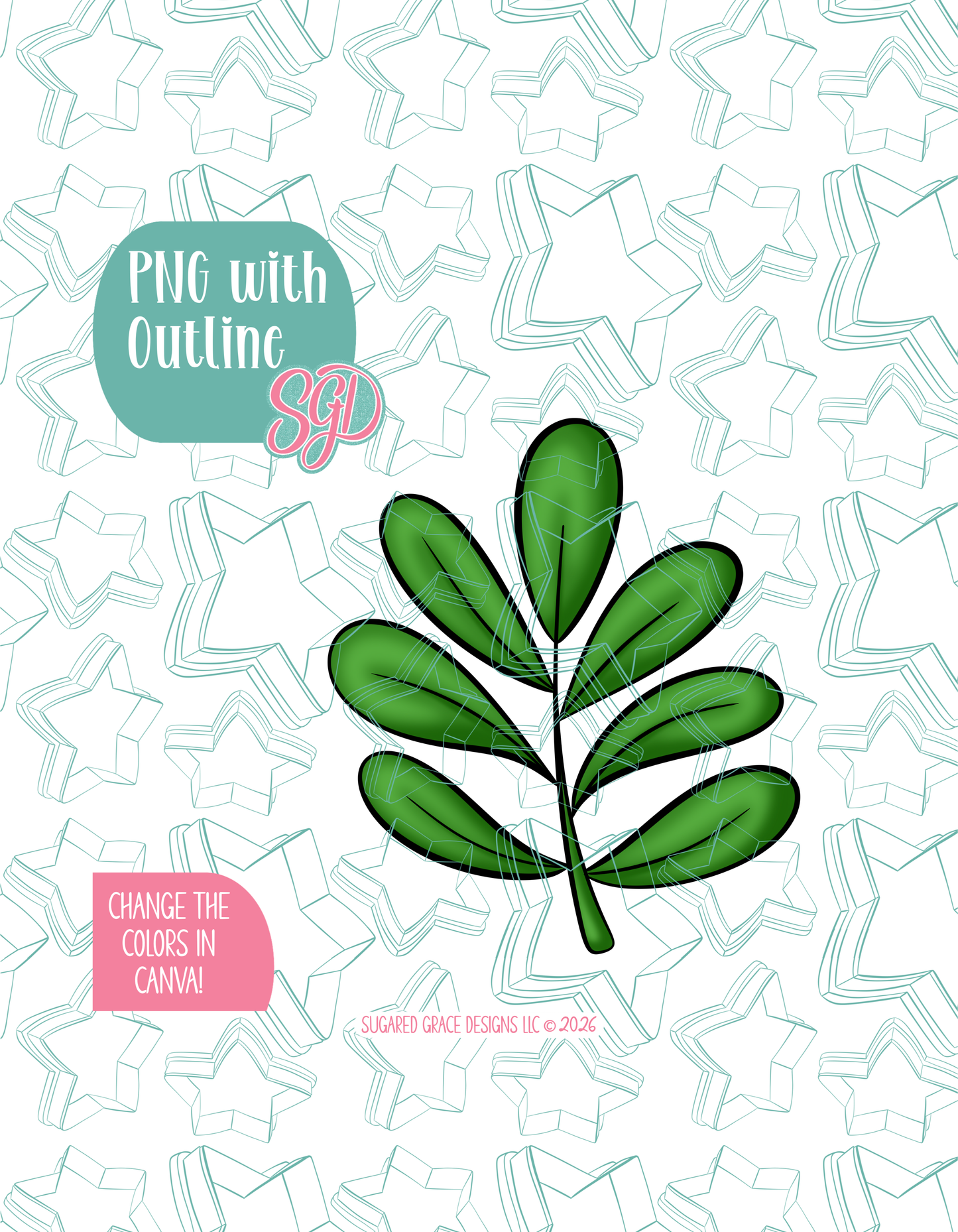 Full color illustrated Zoo Leaf, shown with a black outline on a background watermarked with Sugared Grace Designs’ teal star pattern