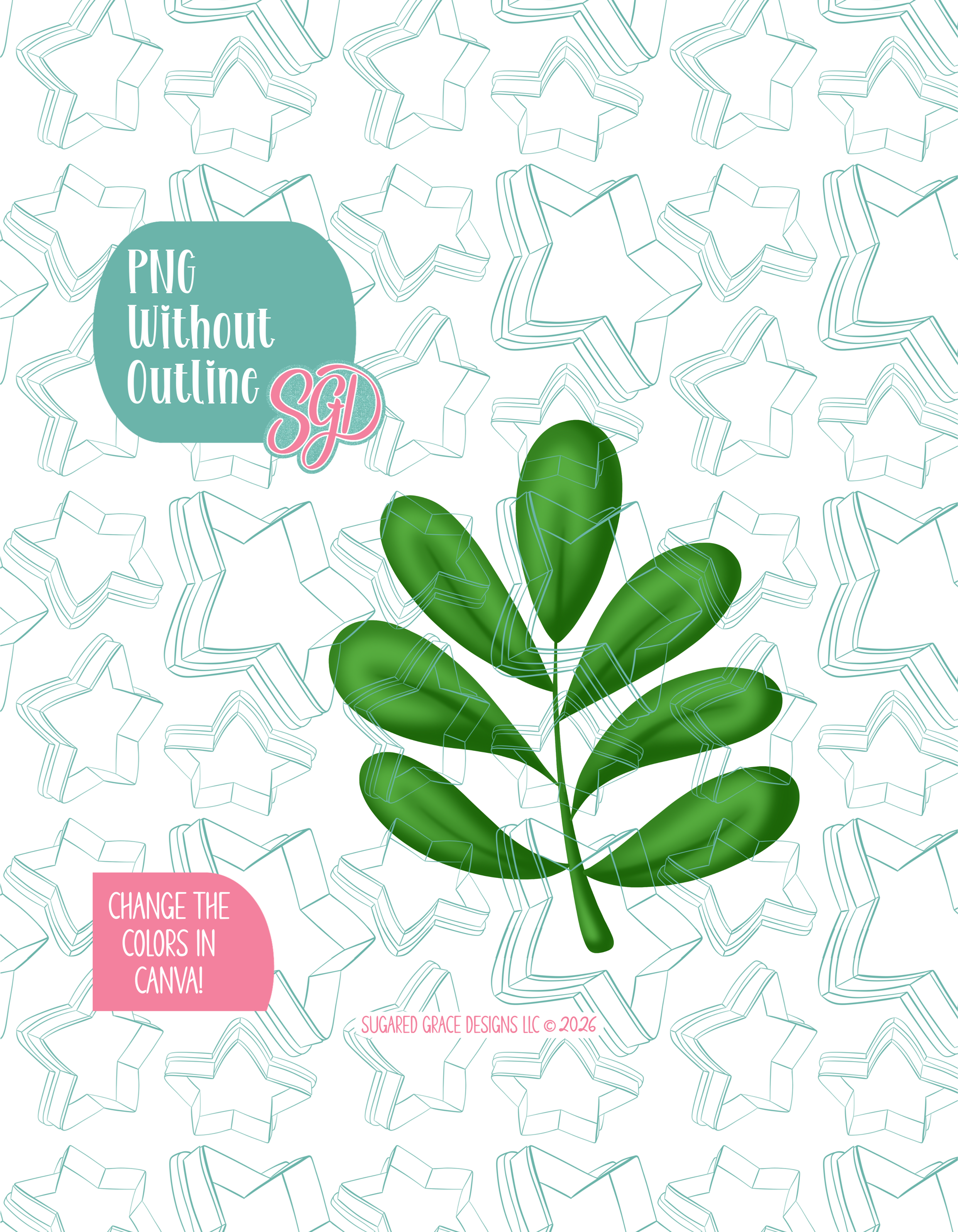 Full color version of the illustrated Zoo Leaf, shown without black outlines on a background watermarked with Sugared Grace Designs’ tag star pattern