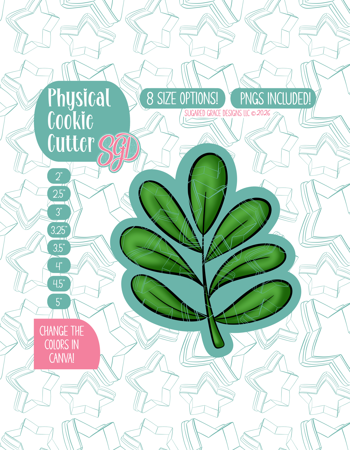 Illustrated Zoo Leaf, displayed on a background watermarked with a teal star pattern representing Sugared Grace Design’s brand. Text explains that the listing includes a Zoo Leaf STL cookie cutter in multiple sizes plus editable PNG files.